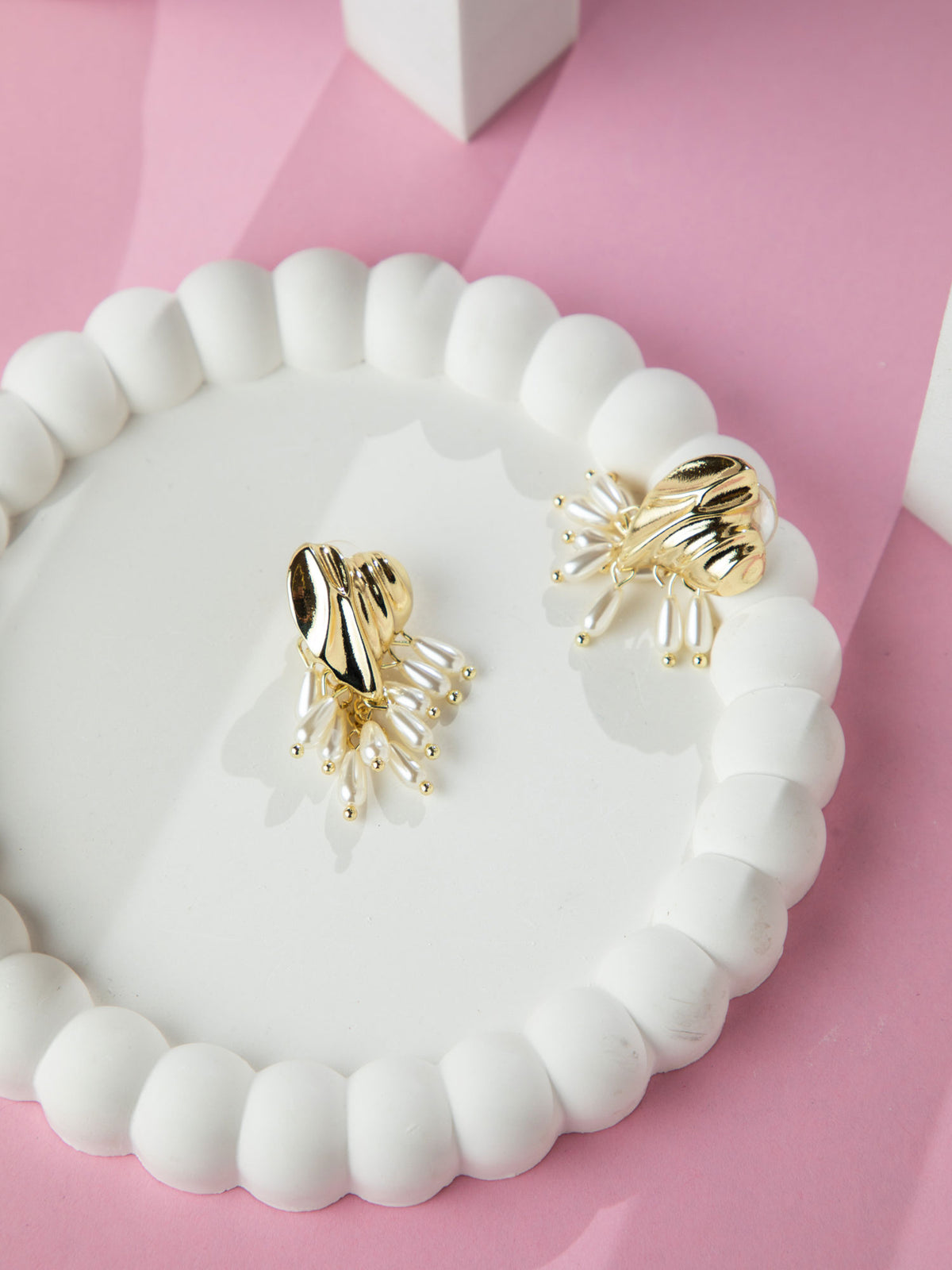 Gold Plated Heart Shaped Earrings with White Faux Pearls