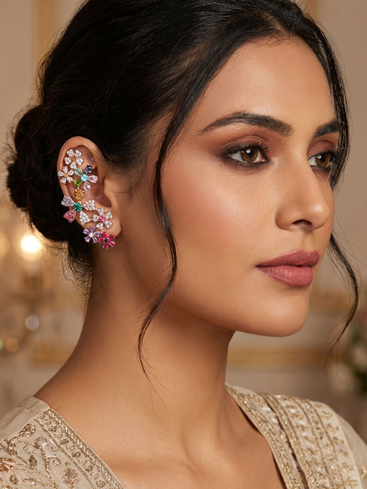 Matte Gold Plated Floral Design Earcuff Earrings with Multicolor Stones