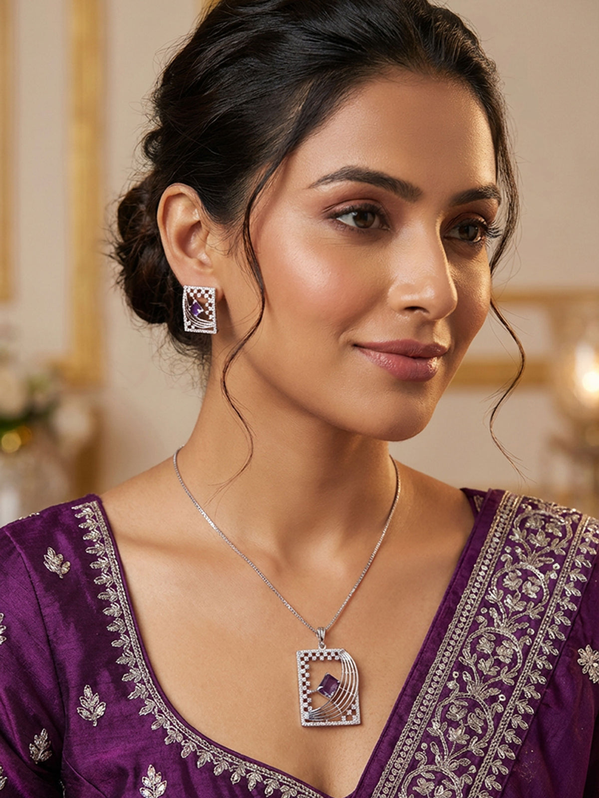 Rhodium Plated Necklace with White and Purple American Diamond Pendant and Earrings