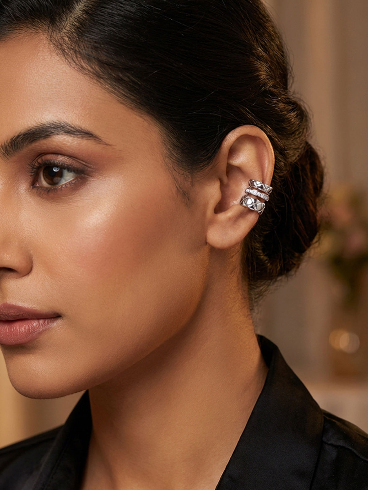 Rhodium Plated White CZ Stone Ear Cuff