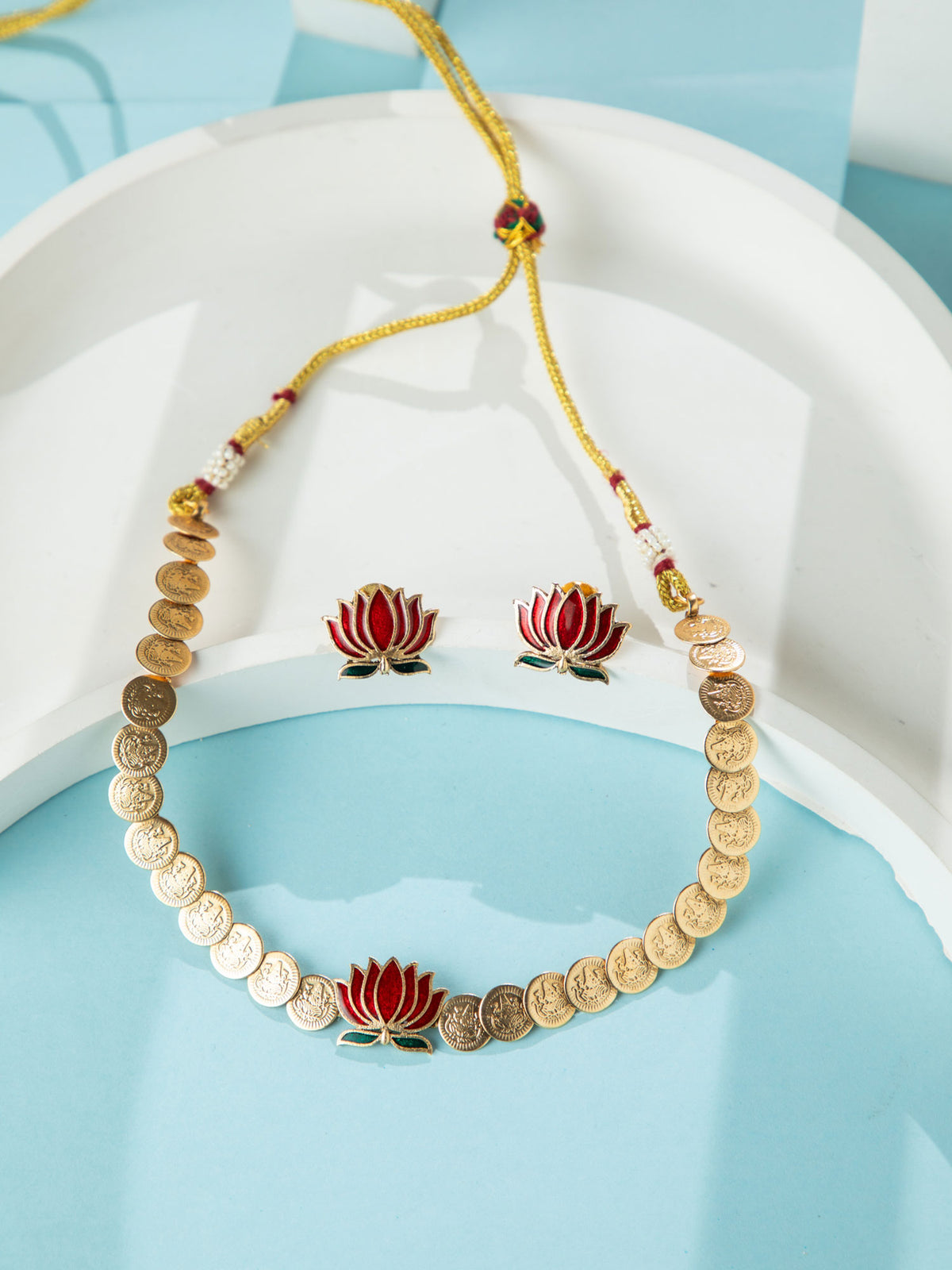 Gold Plated Lakshmi Coin Necklace with Lotus Pendant and Matching Meenakari Earrings