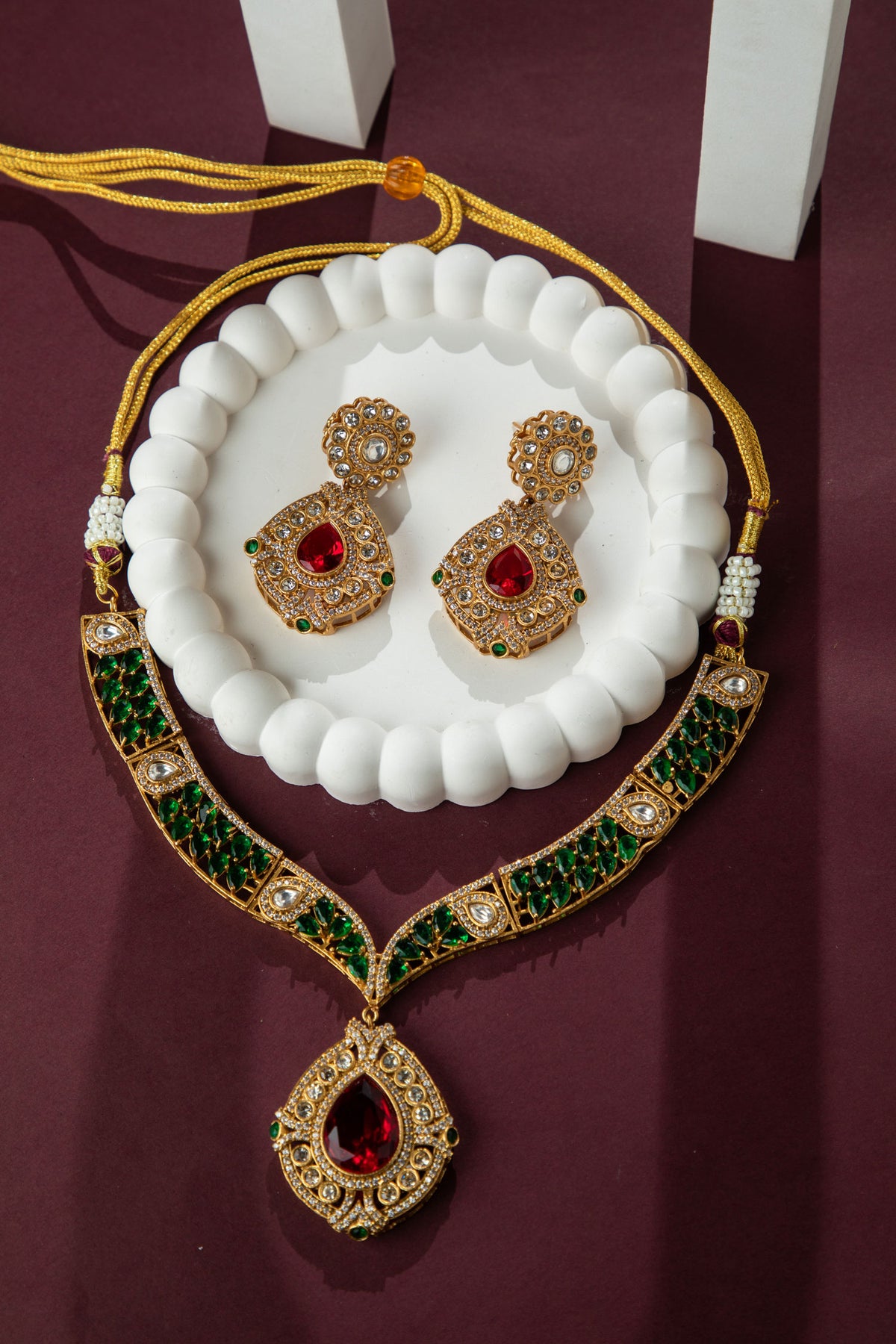 24K Gold Plated Red, Green and White CZ Stones Necklace Set with  Earrings