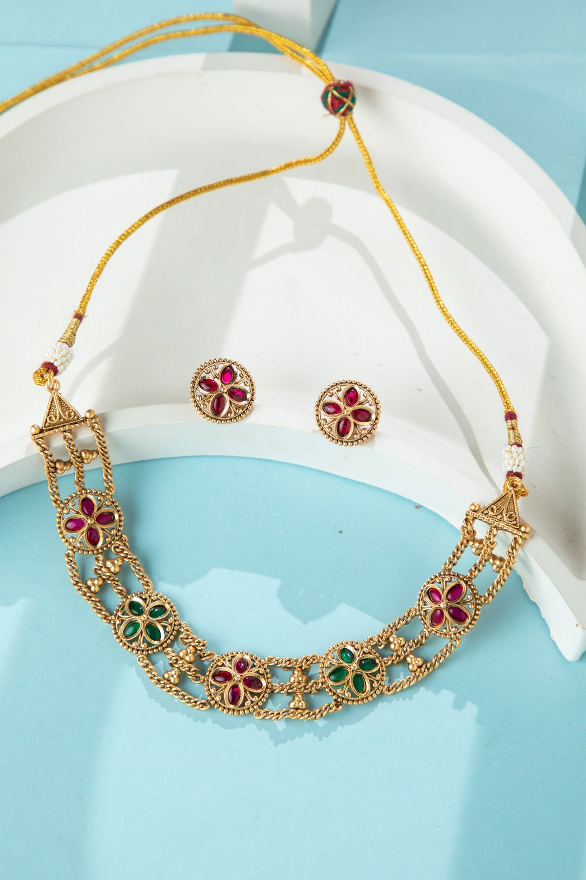 24K Gold Plated Triple Layered Choker Necklace with Green and Red Stones and Stud Earrings