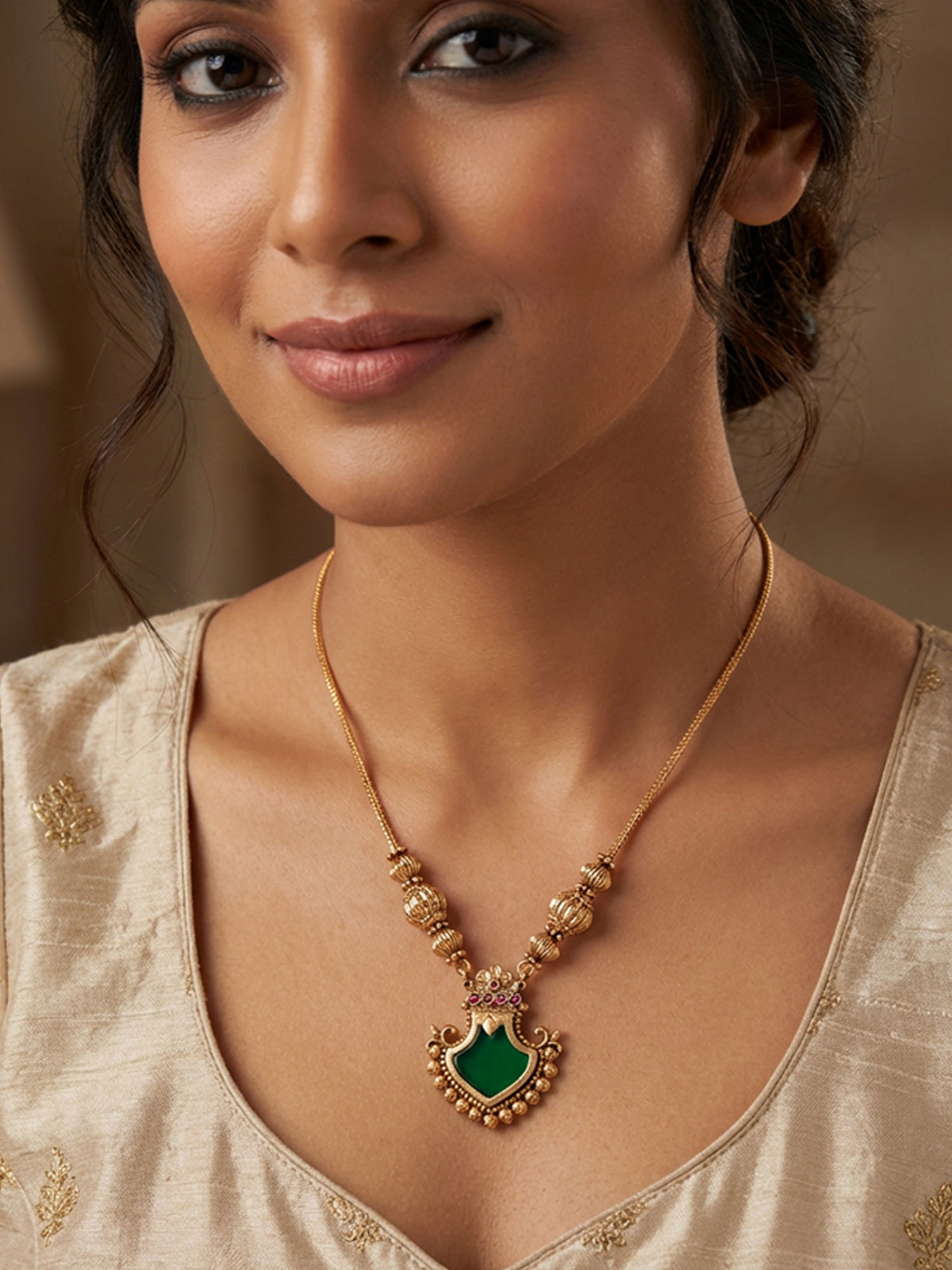 24K Gold Plated Antique Necklace with Green Glass and Red Stone Pendant