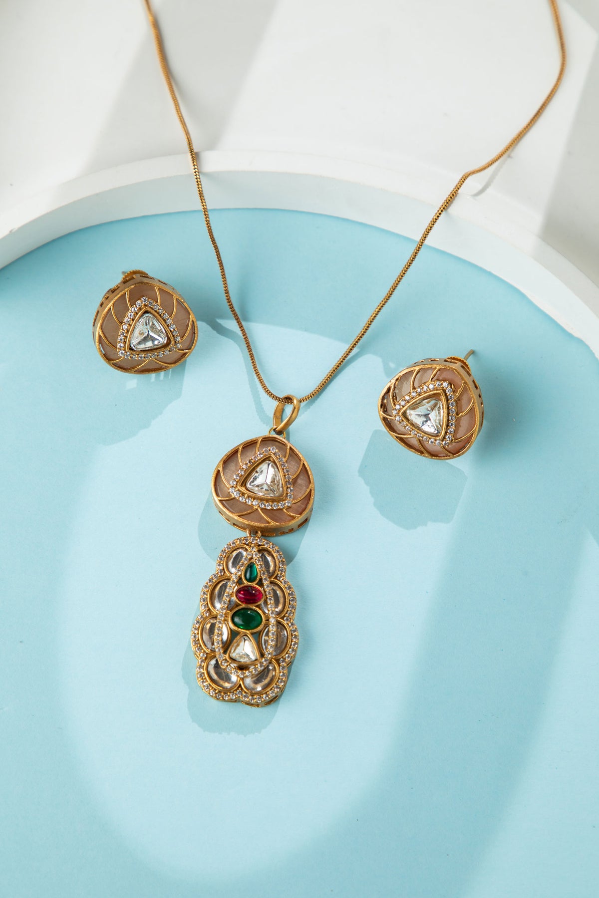 24K Gold Plated Necklace Set with Dual Pendants and Matching Earrings