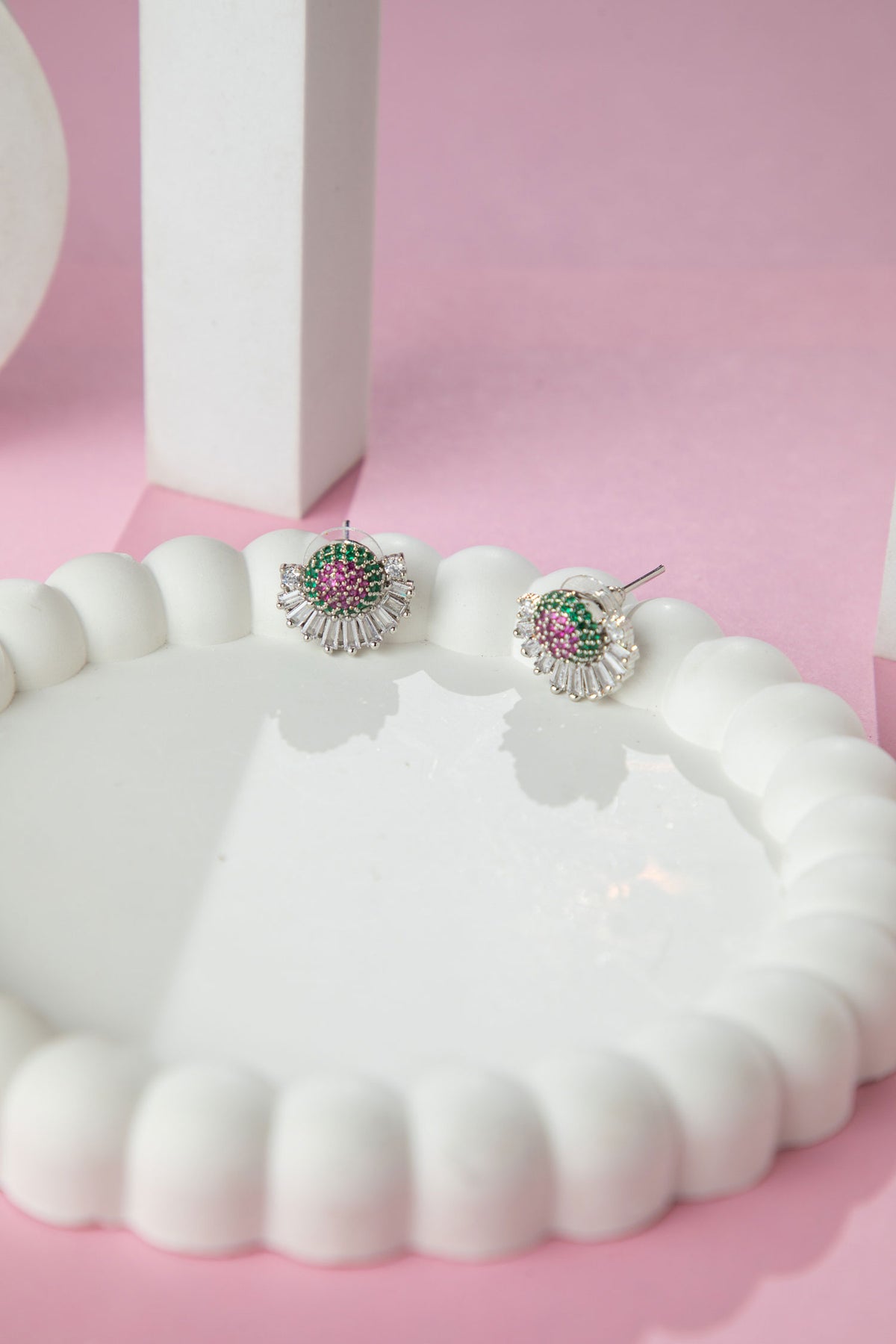 Rhodium Plated  Red and Green American Diamond Earrings