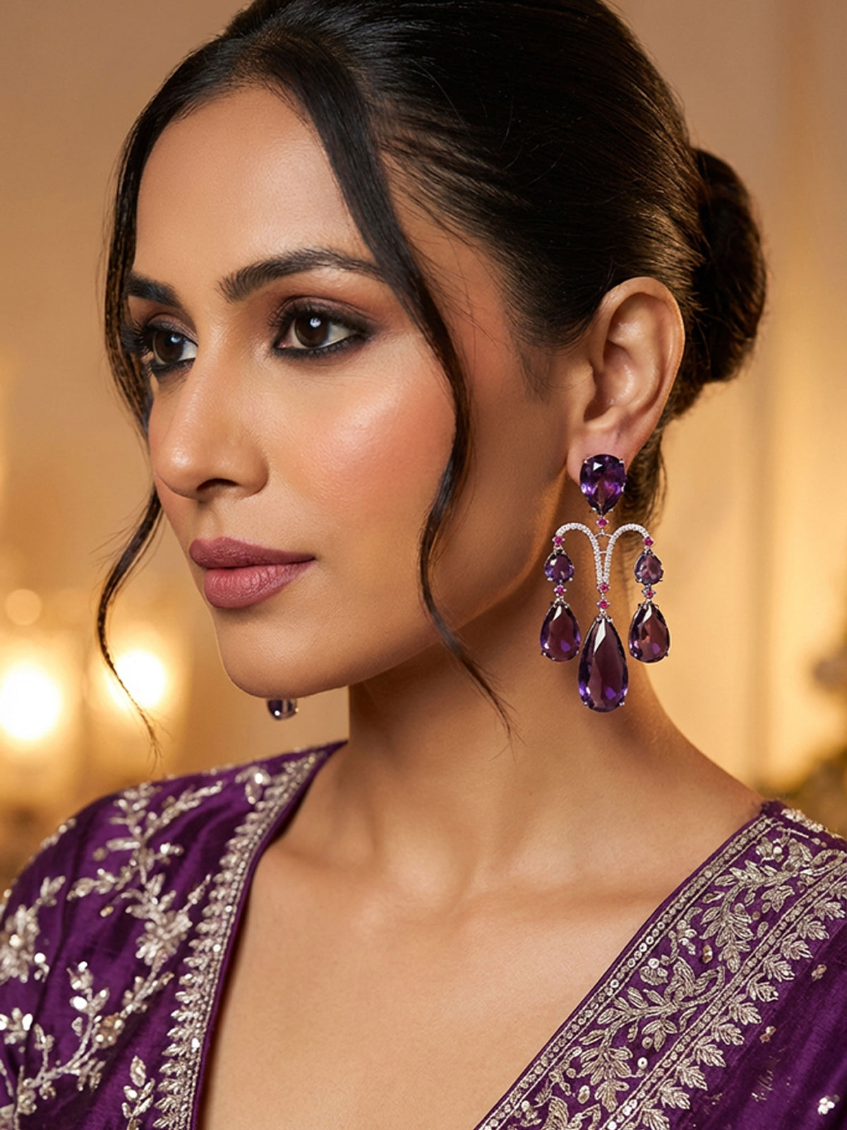 Rhodium Plated Purple American Diamond Statement Earrings