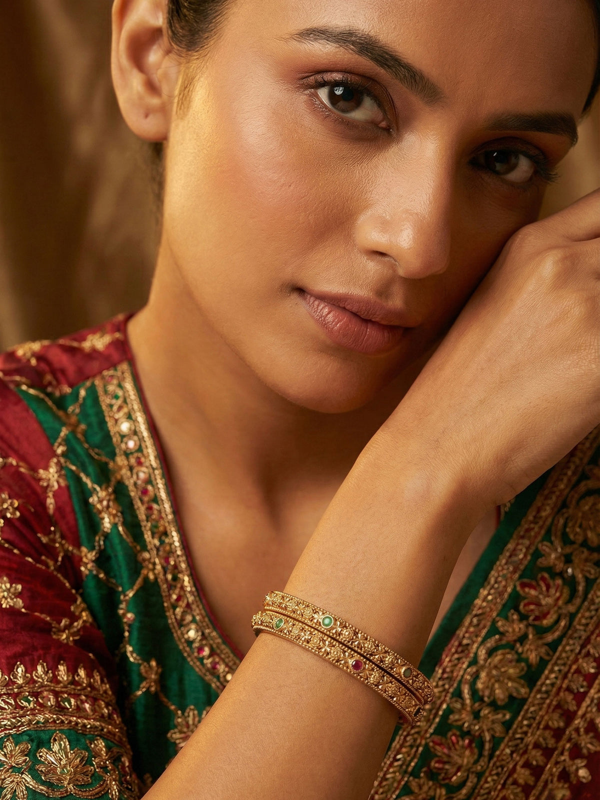 Matte Gold Plated Red and Green Stone Bangles