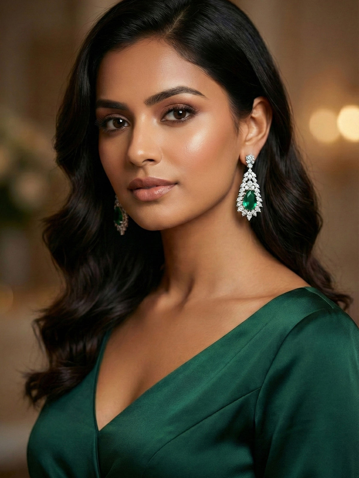 Rhodium Plated White and Green American Diamond Earrings