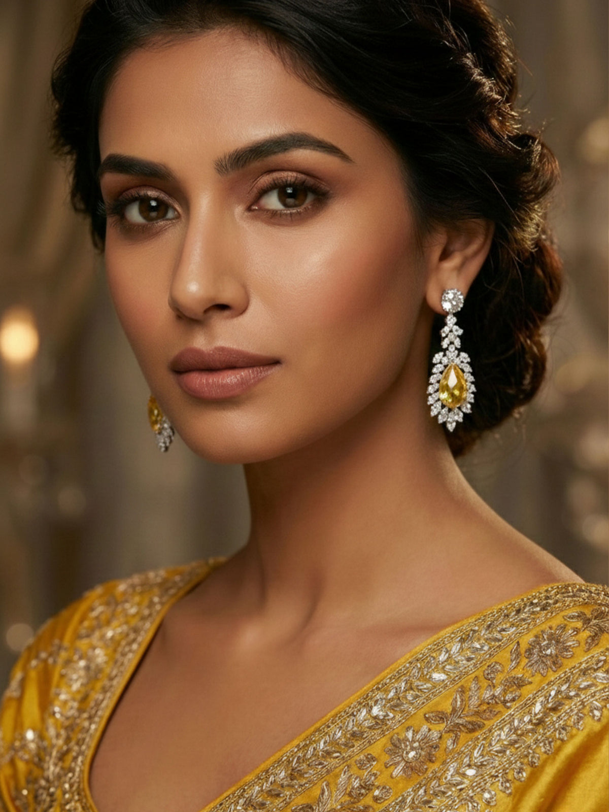 Rhodium Plated White and Yellow American Diamond Earrings