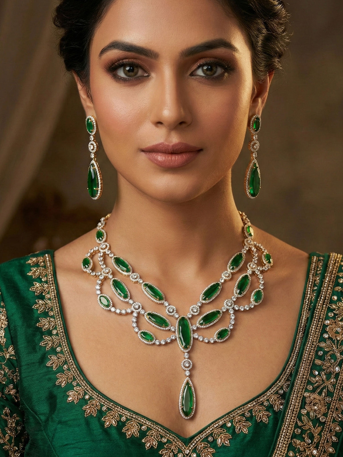 Gold Plated Green and White American Diamond Necklace Set