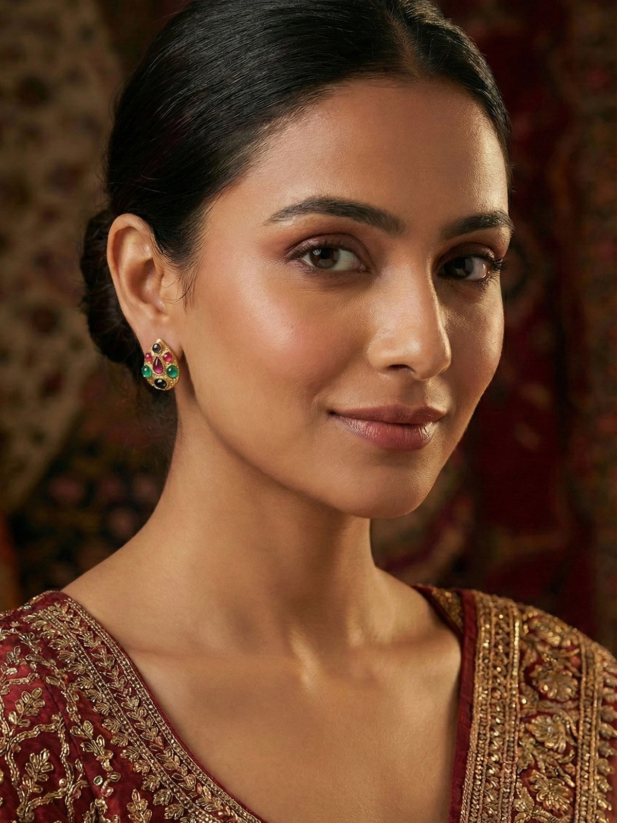 Matte Gold Plated Multi Color Stone Water Drop Earrings