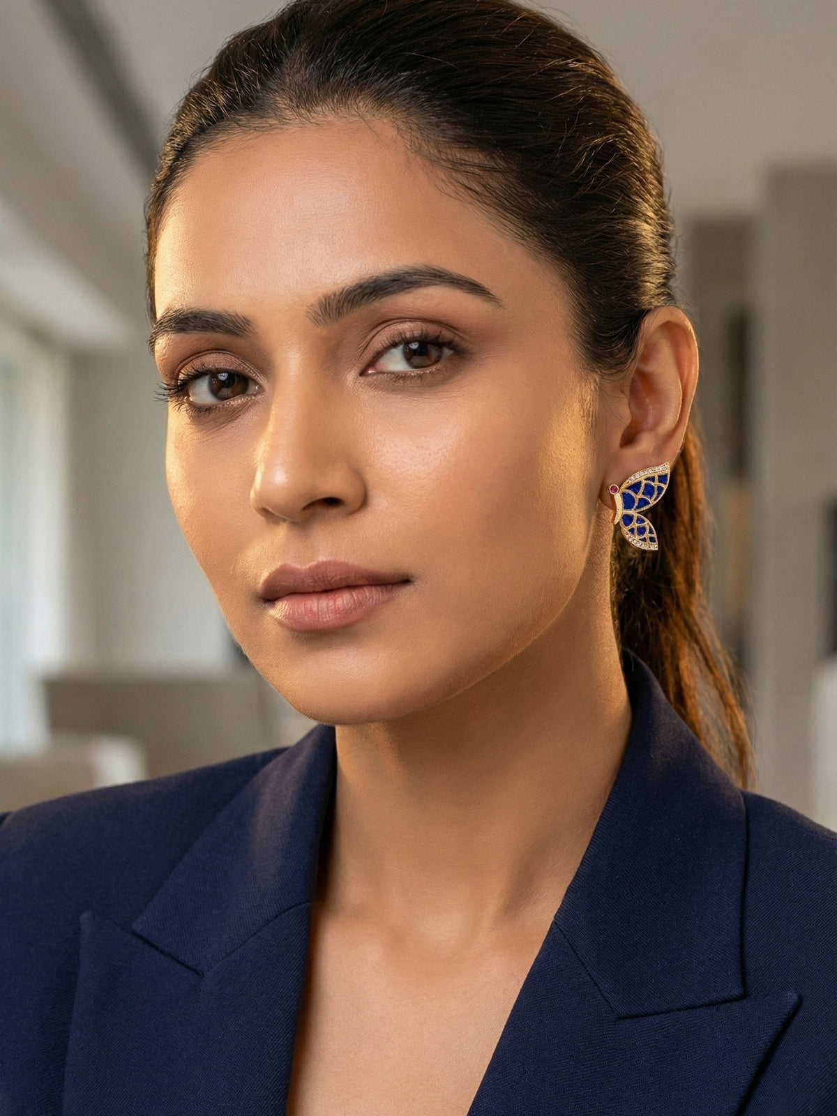 Matte Gold Plated Royal Blue and White AD Butterfly Earrings