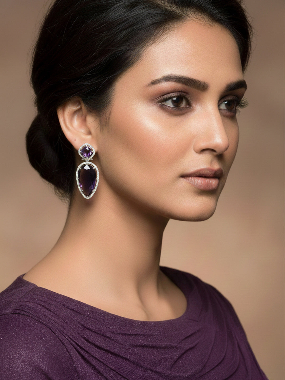 Rhodium Plated Purple and White AD Long Earrings