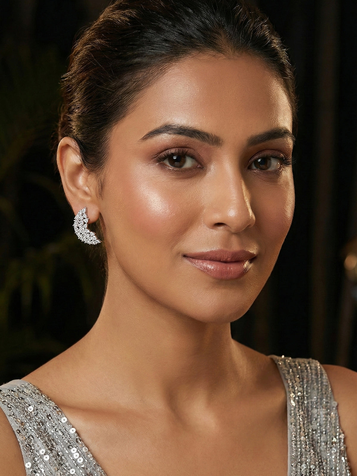 Rhodium Plated Crescent White AD Earrings