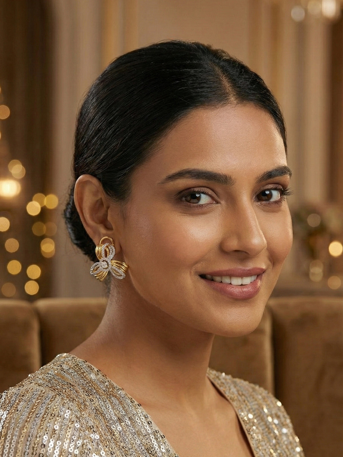 Gold Plated Ribbon Floral White AD Earrings