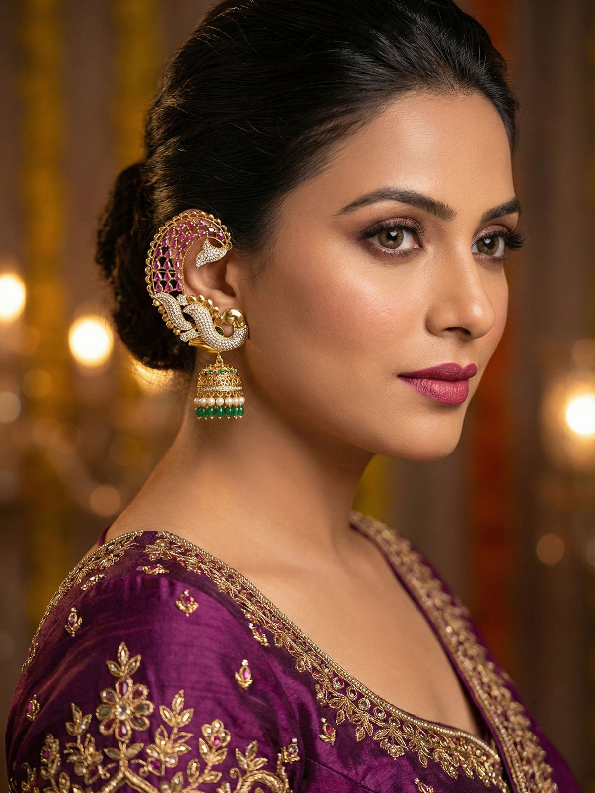 Matte Gold Peacock Jhumka Earcuff Earrings