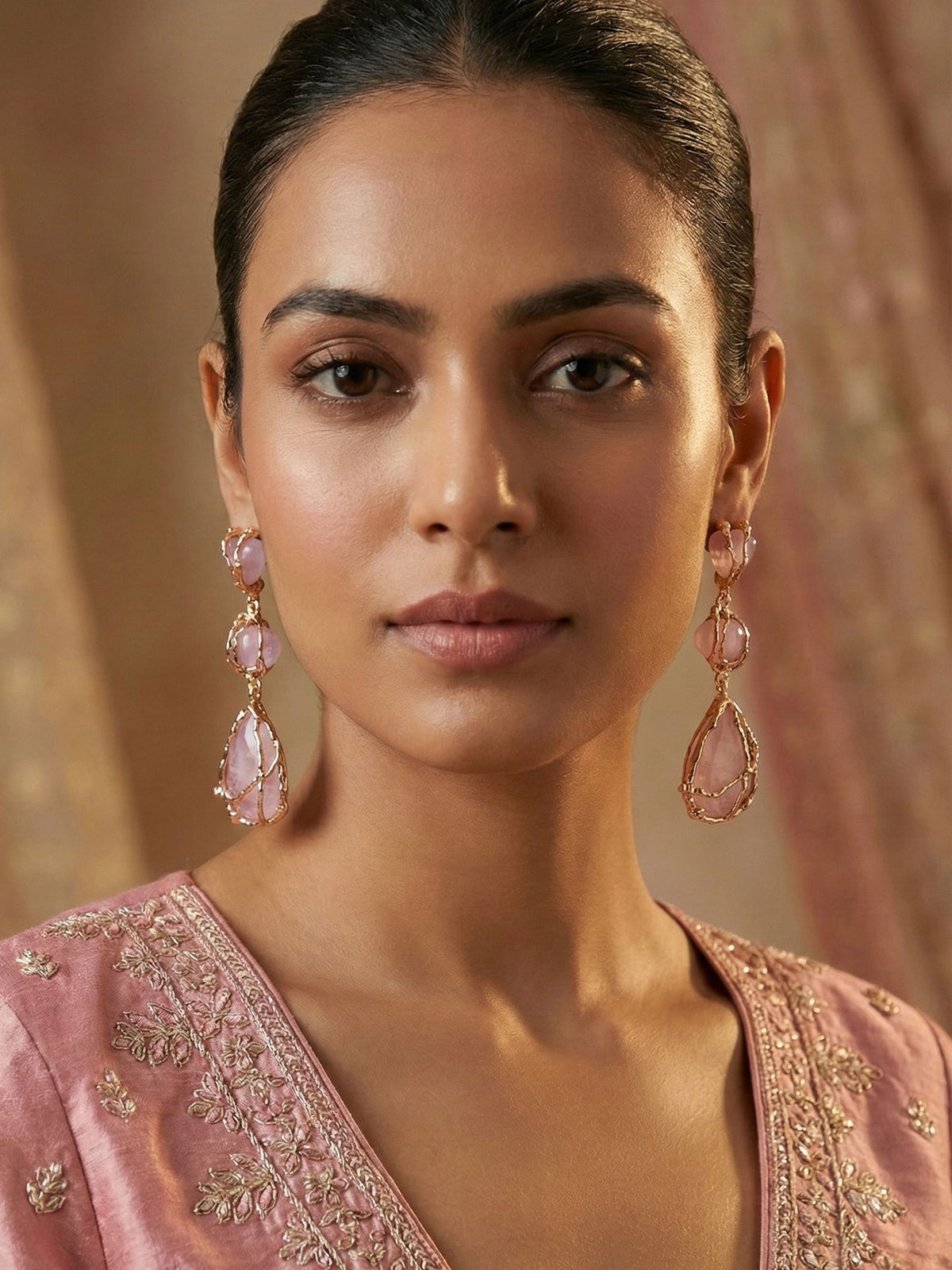 Elegant Gold Plated White and Purple Stone Earrings