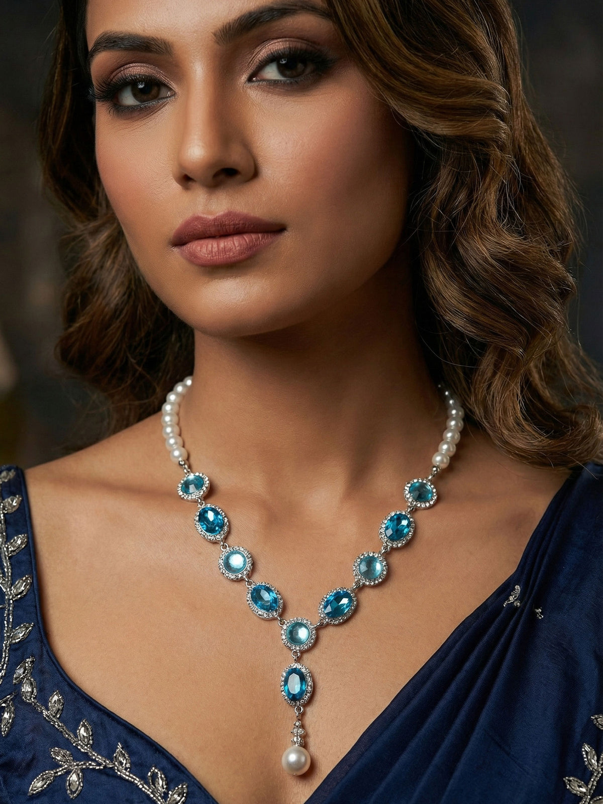 legant Pearl Chain Necklace with Blue and White AD Stones