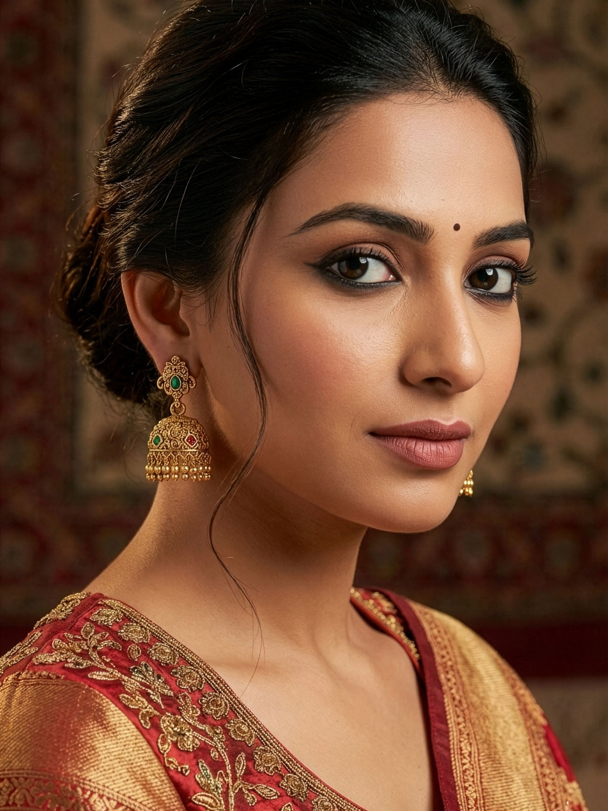 Elegant Gold Plated Jhumki Earrings with Red and Green Stones