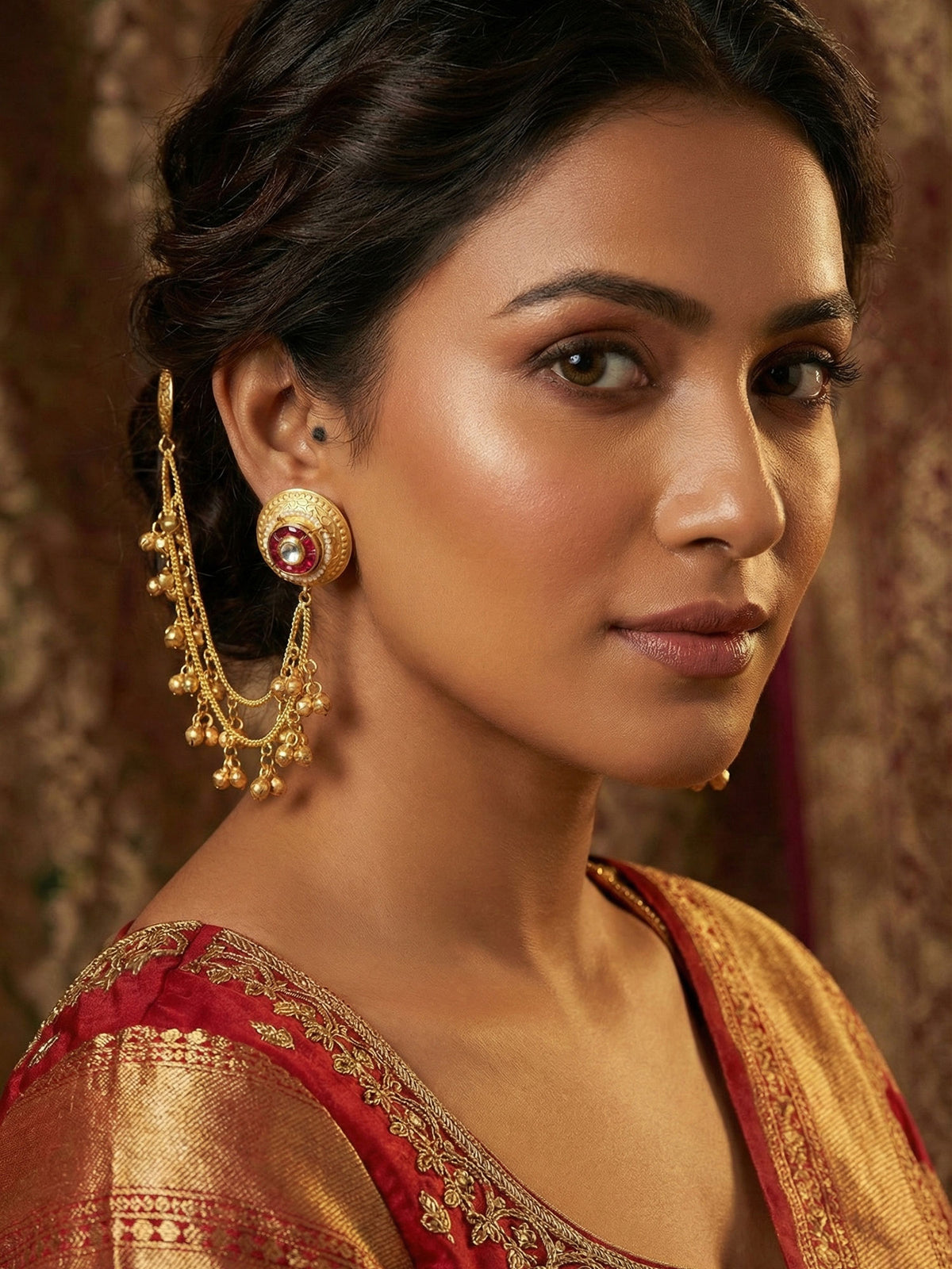 Matte Gold Plated Earrings with Ear Chain and Ghungroos