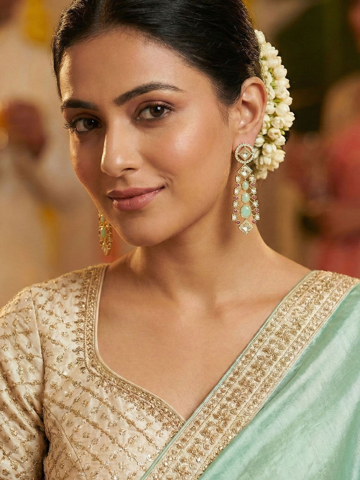 Gold Plated Long Earrings with Multicolor Stones