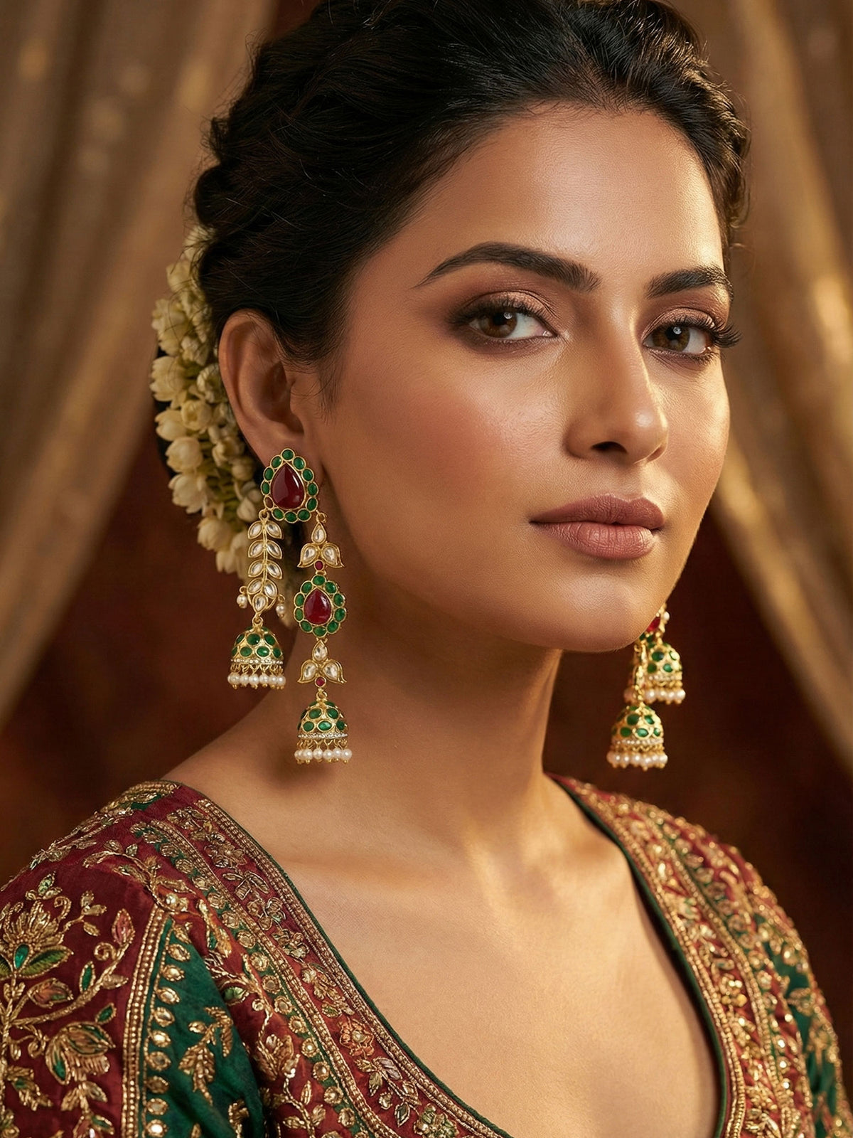 Gold Plated Long Jhumka Earrings with Kundan and Pearls