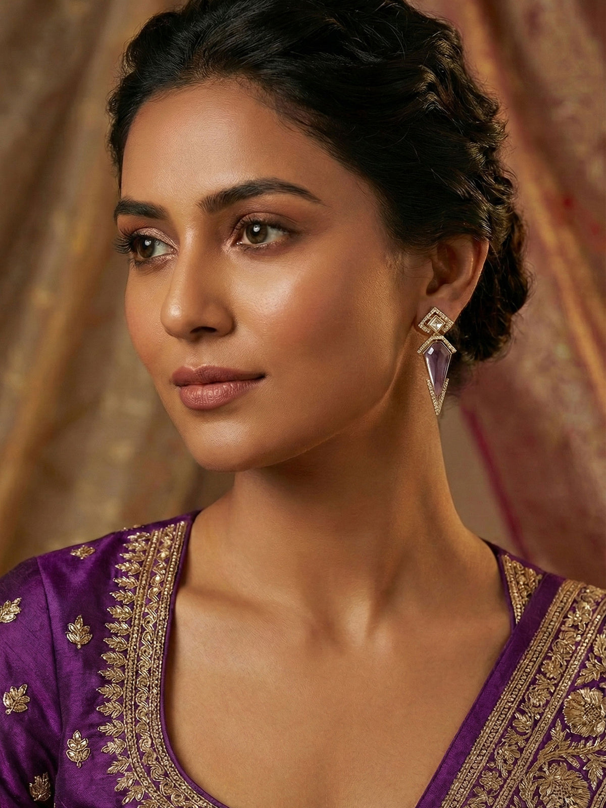 Gold Plated Long Earrings with Purple and White Stones