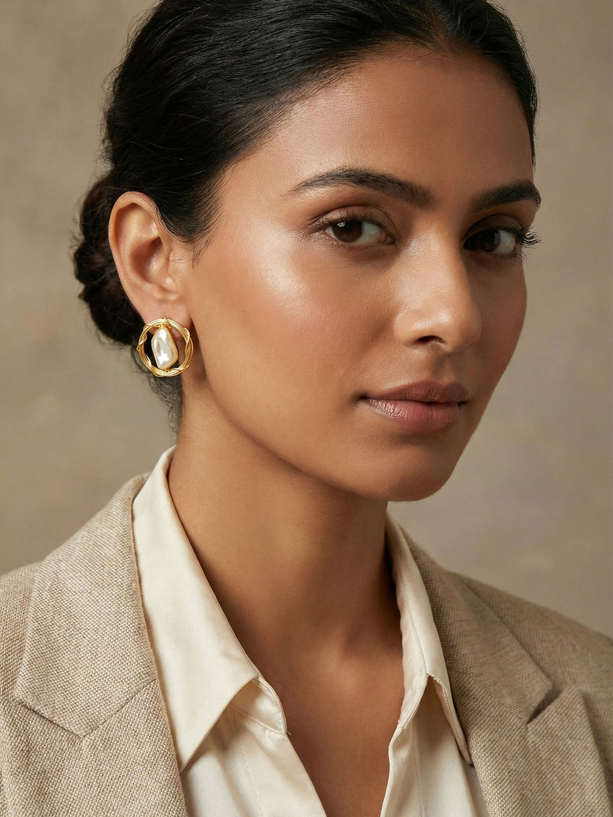 Matte Gold Plated Round Earrings with Natural Faux Pearl Stud