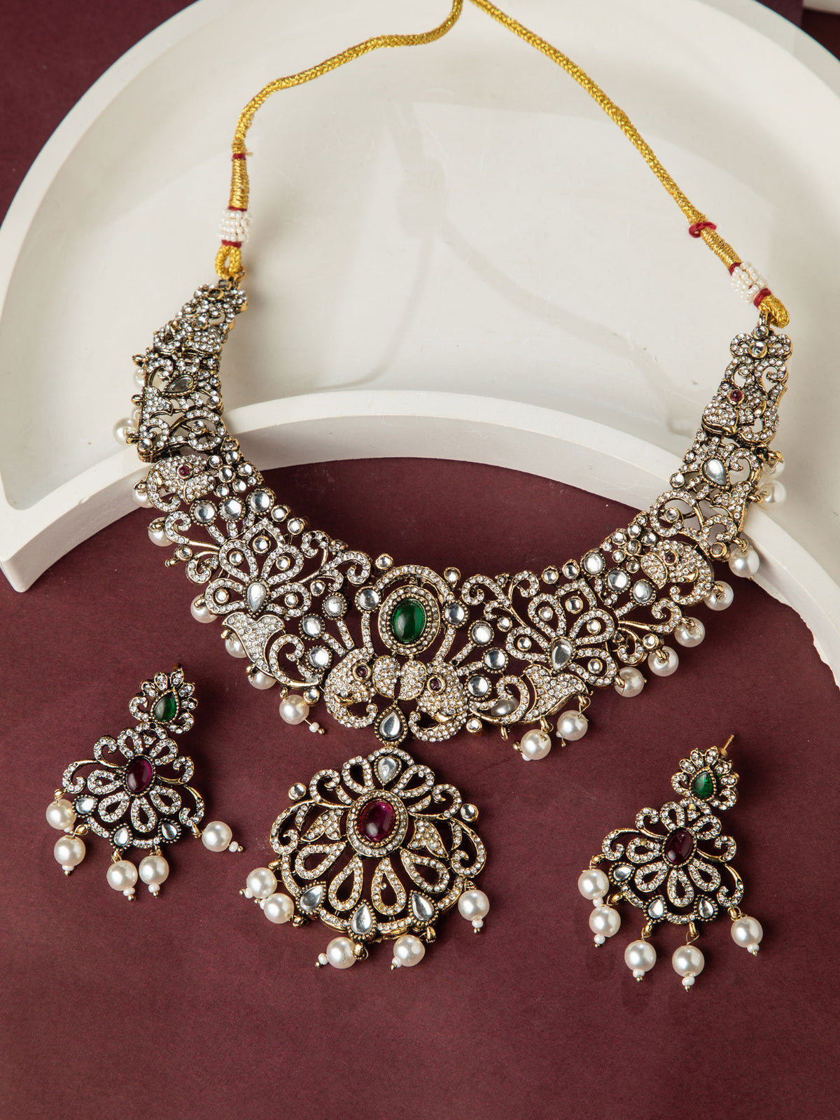 Oxidised Gold Floral Kundan Necklace and Earrings Set