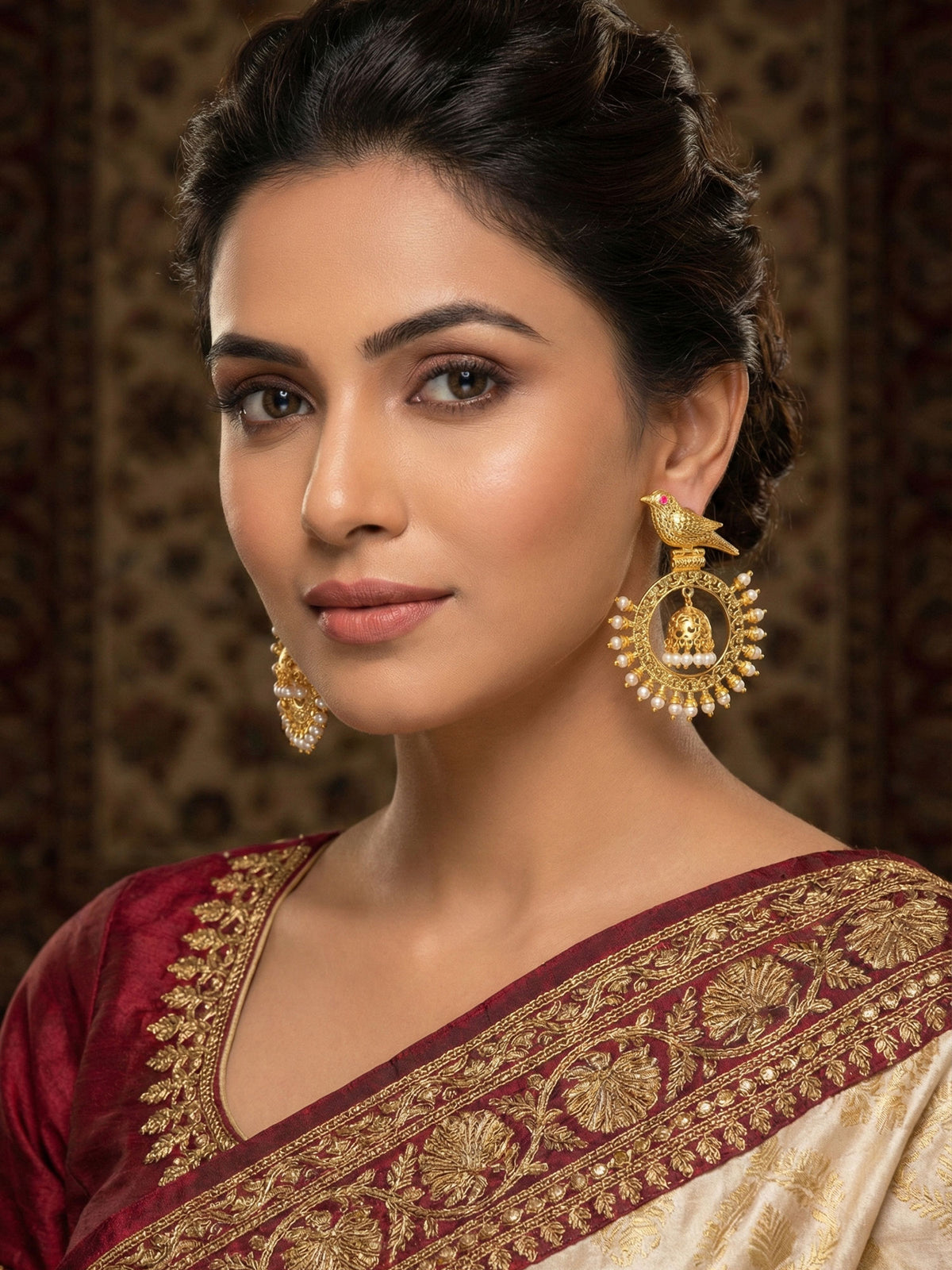 Matte Gold Plated Bird Design Jhumki Earrings with Pearls