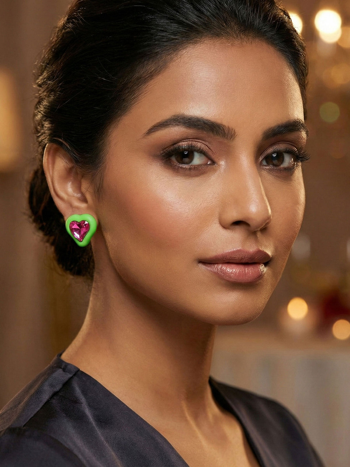 Elegant Green Heart Shaped Earrings with Pink Stone