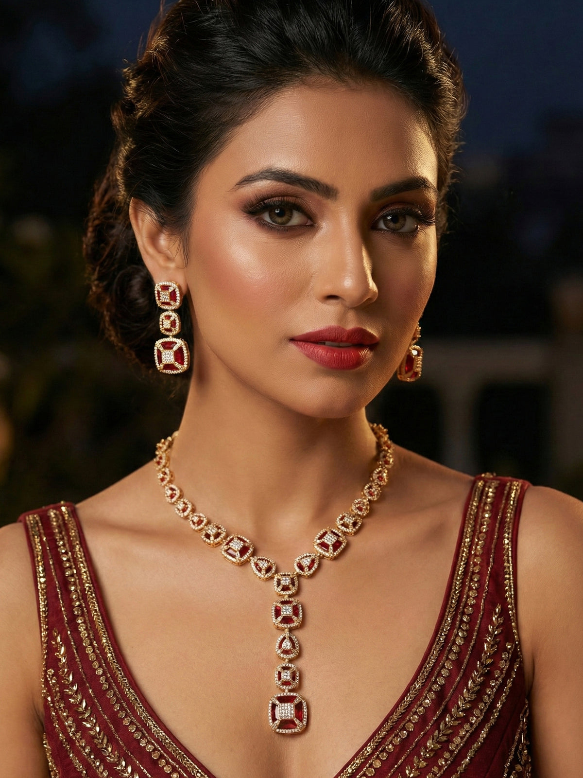 24K Gold Plated Ruby Red and White AD Elegant Necklace and Long Earrings Set