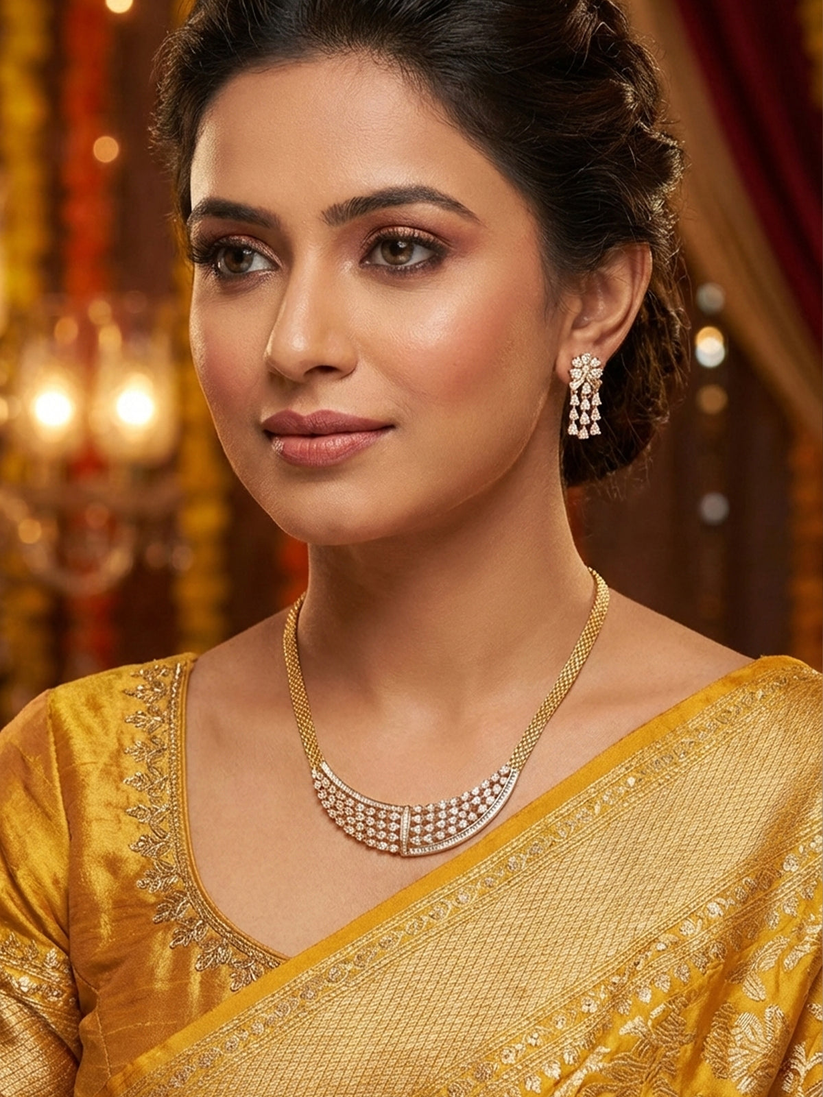 24K Gold Plated White AD Stone Necklace Set