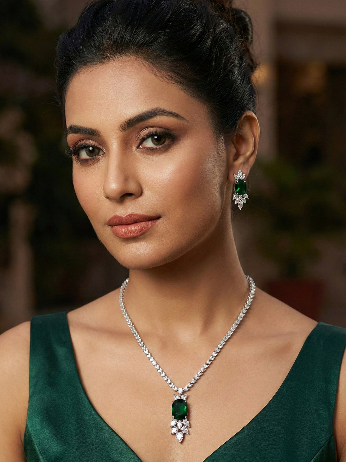 Rhodium Plated White and Green AD Emerald Statement Necklace Set