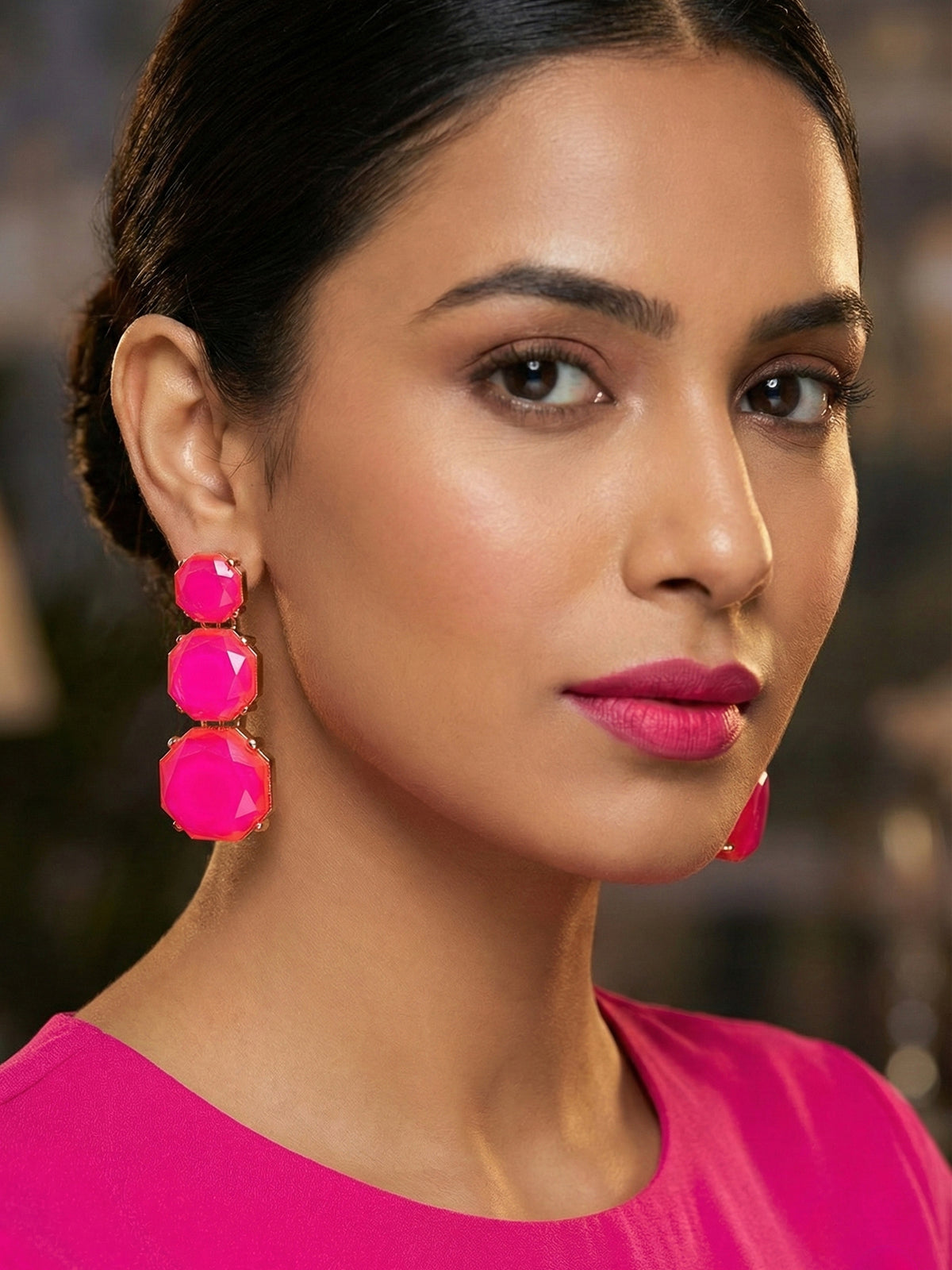 Gold Plated Triple Pink Stone Long Statement Earrings