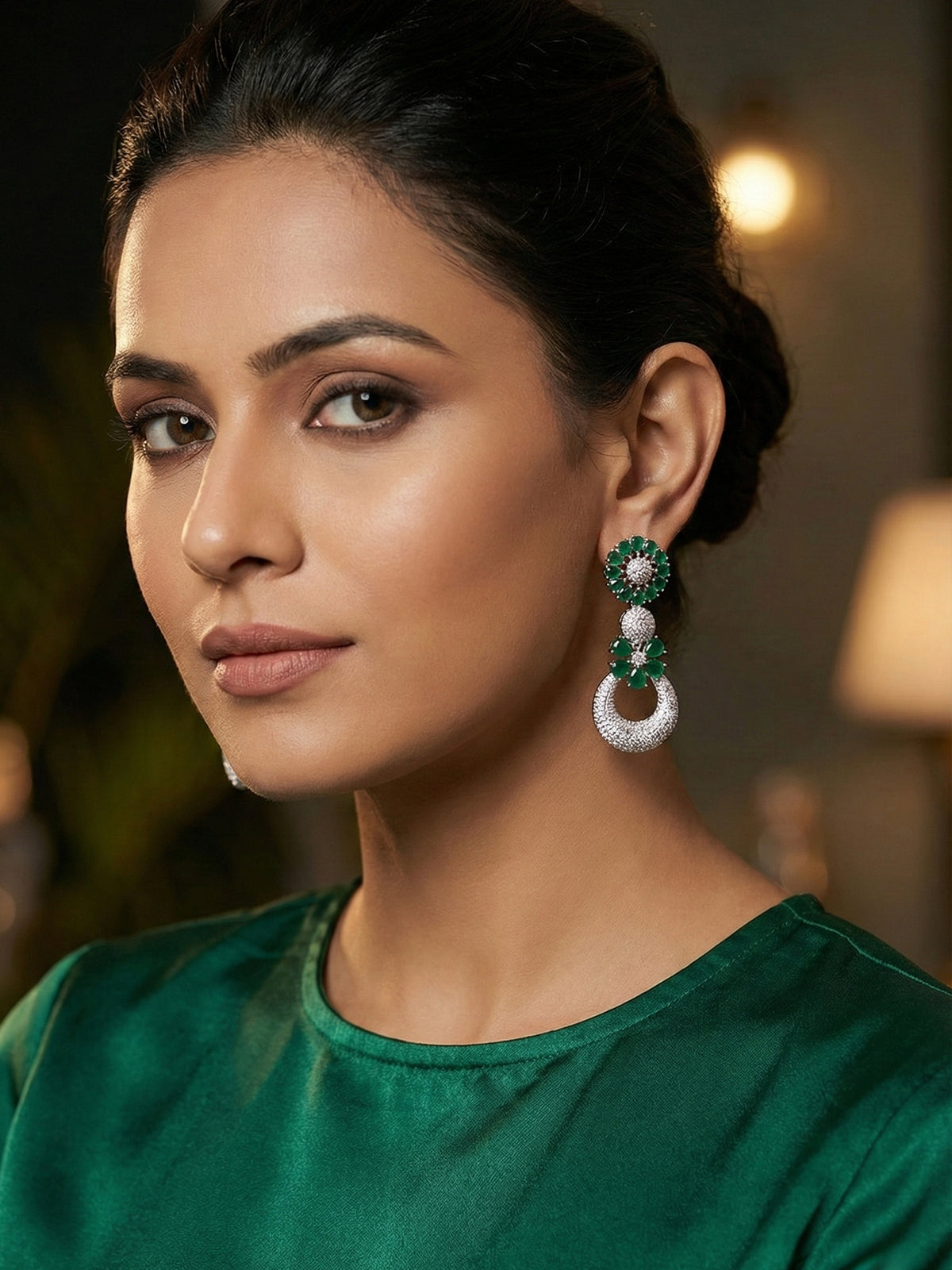 Emerald Bloom Rhodium Plated AD Drop Earrings