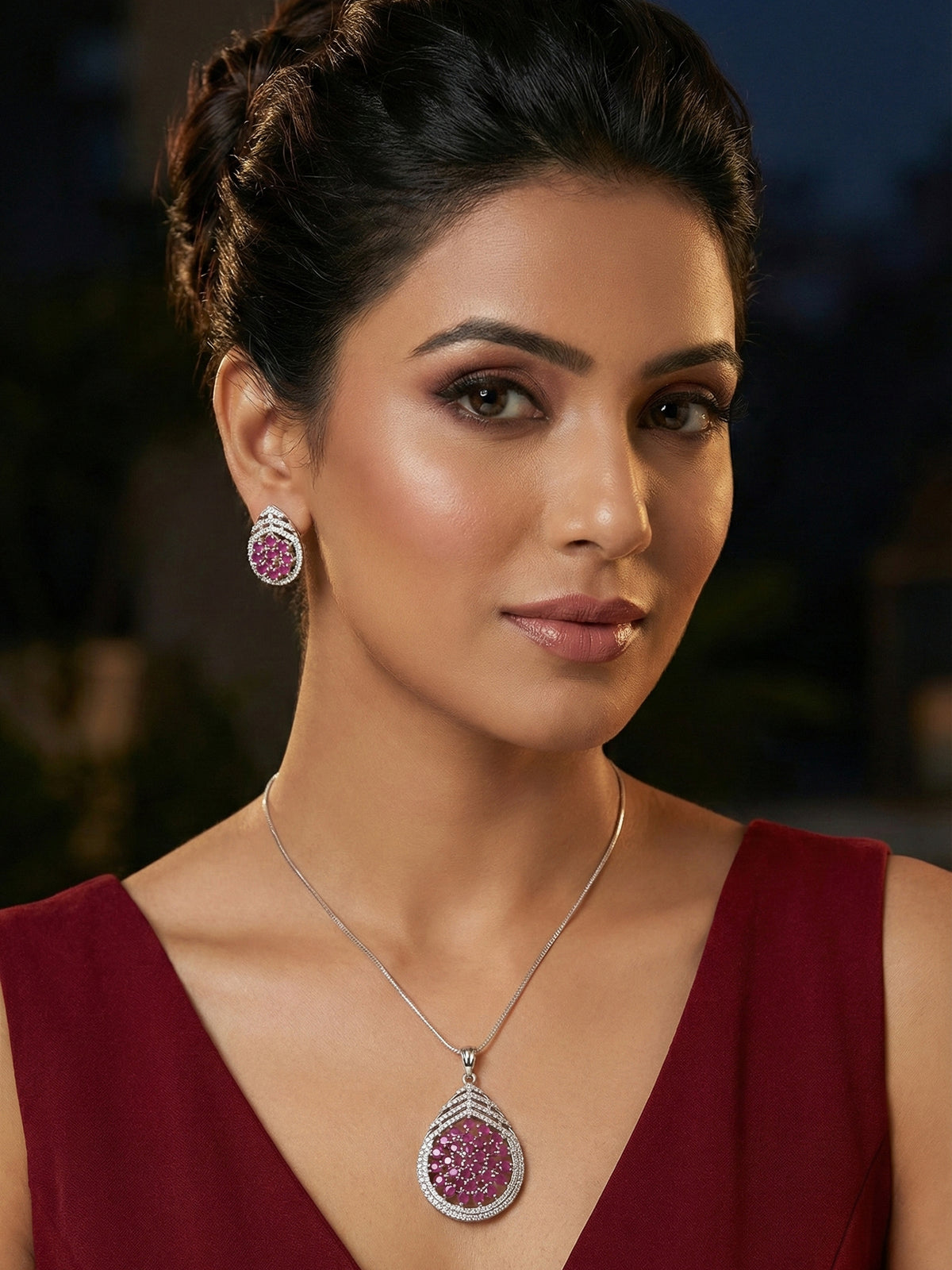 Rhodium Plated White and Purple AD Pendant Necklace Set