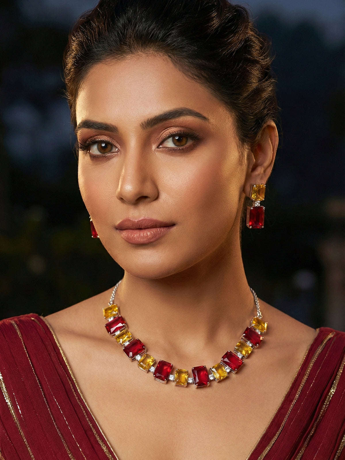 Rhodium Plated Yellow and Red Rectangular Stone Necklace Set