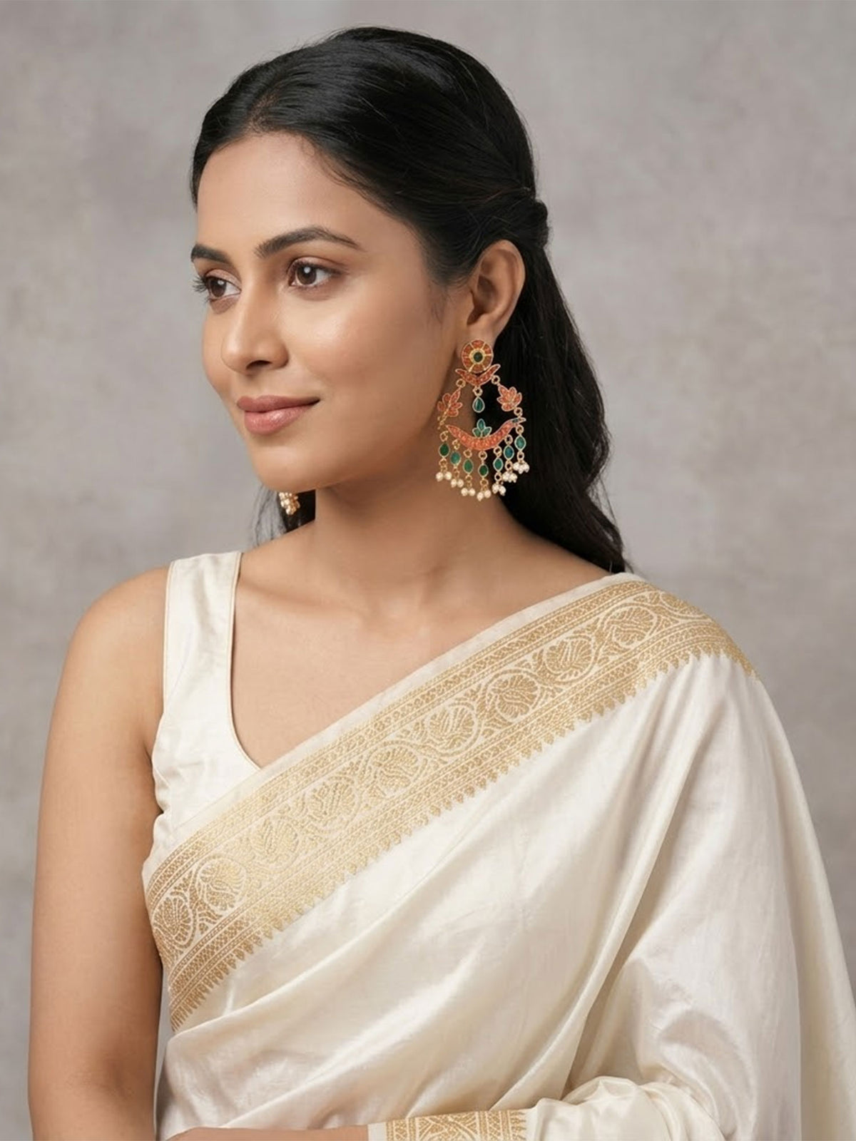 18K Gold Plated Green Red and Pearl Beaded Earrings