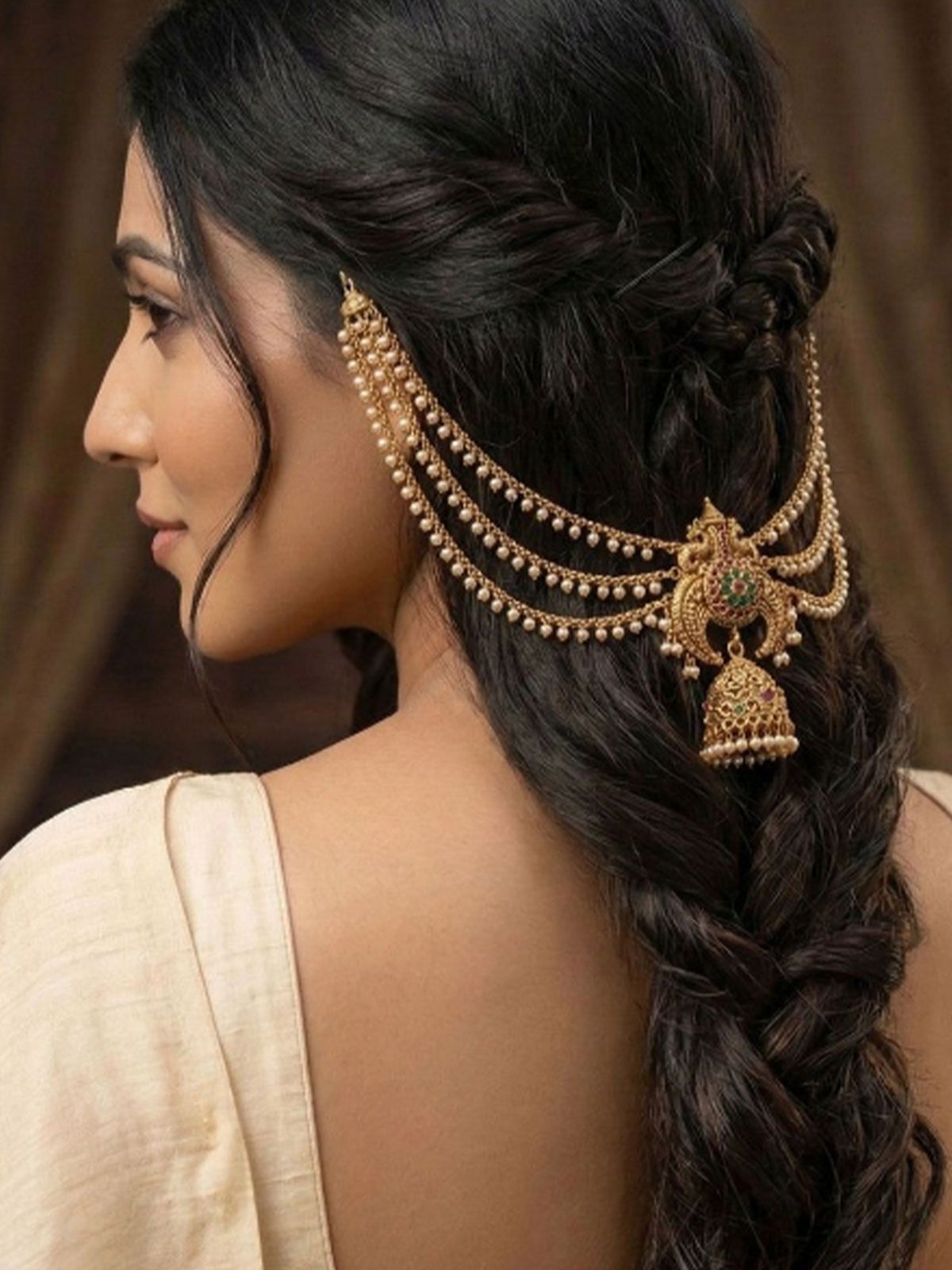 24K Gold Plated Multi Layered Pearl Hair Accessory with Peacock and Jhumka