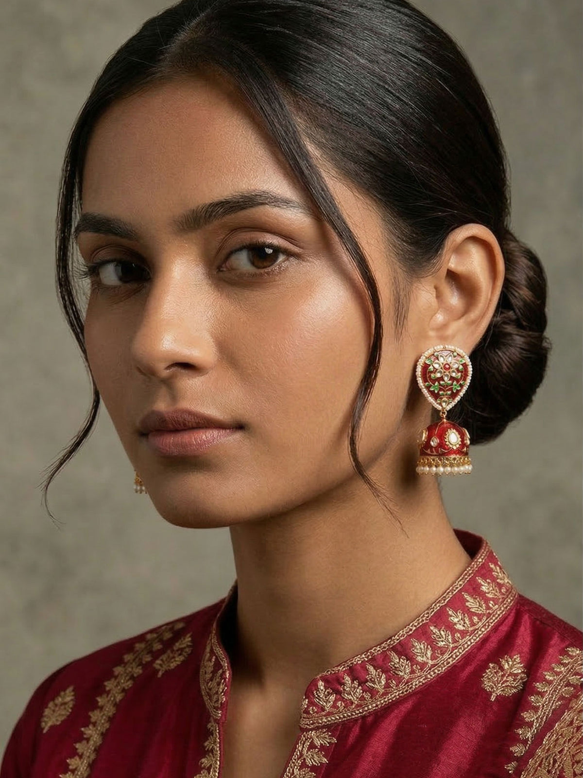 Maroon Red Meenakari Kundan Beaded Jhumki Earrings