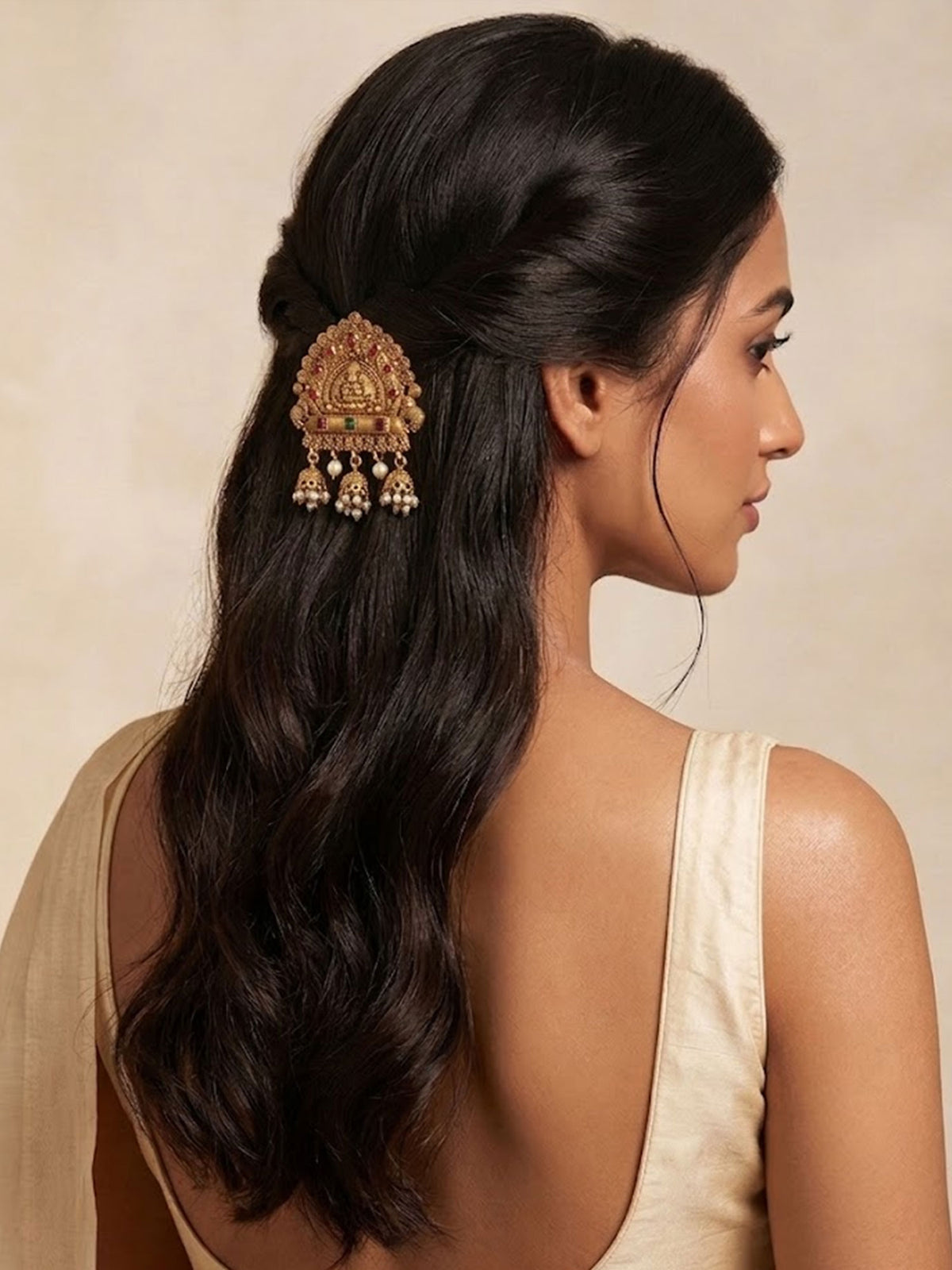 Gold Plated Laxmi Temple Hair Accessory with Stones and Pearls