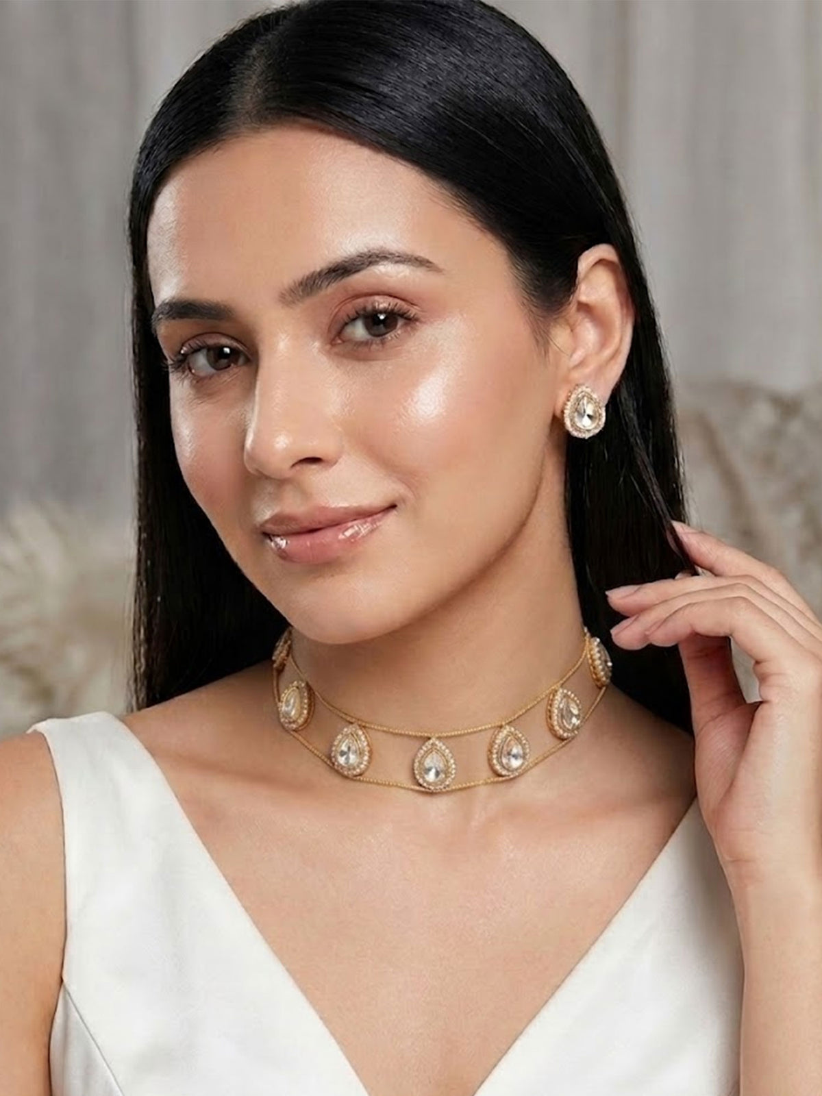 Gold Plated White Kundan CZ Teardop Choker Necklace Set