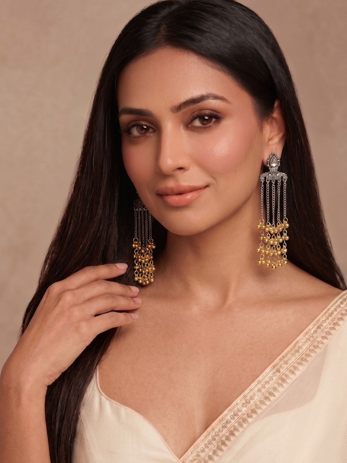 Handcrafted Oxidised Dangler Earrings with Golden Beads
