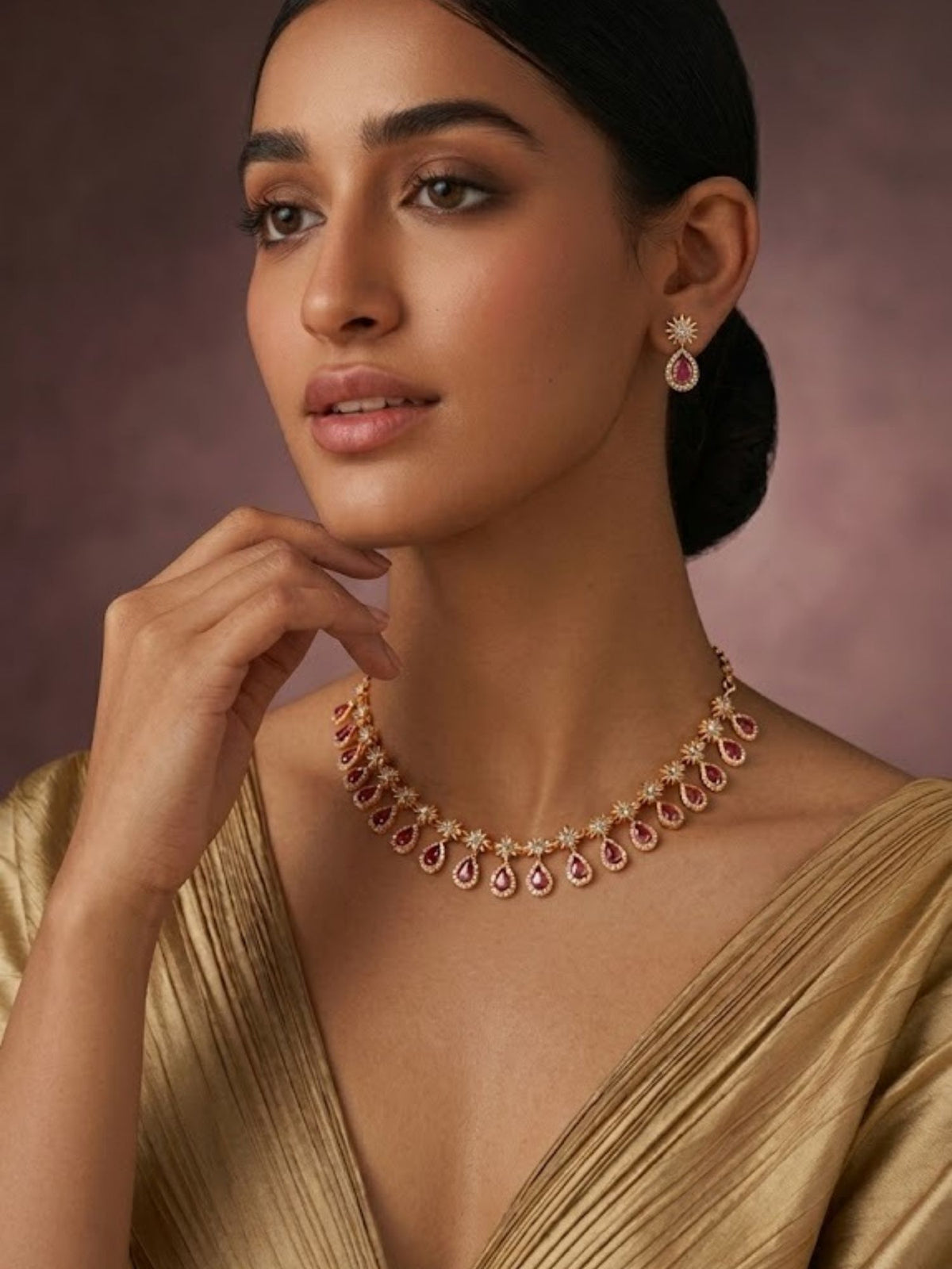 24K Gold Plated Red and White CZ Waterdrop Star Necklace Set with Earrings