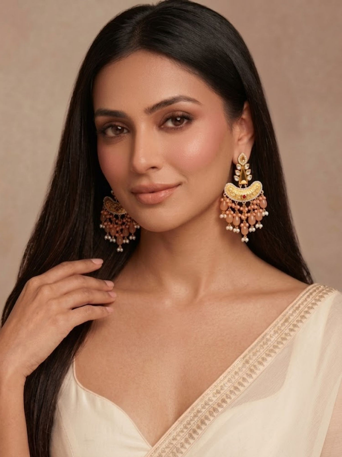 Matte Gold Orange Meenakari Kundan CZ Artisan Earrings