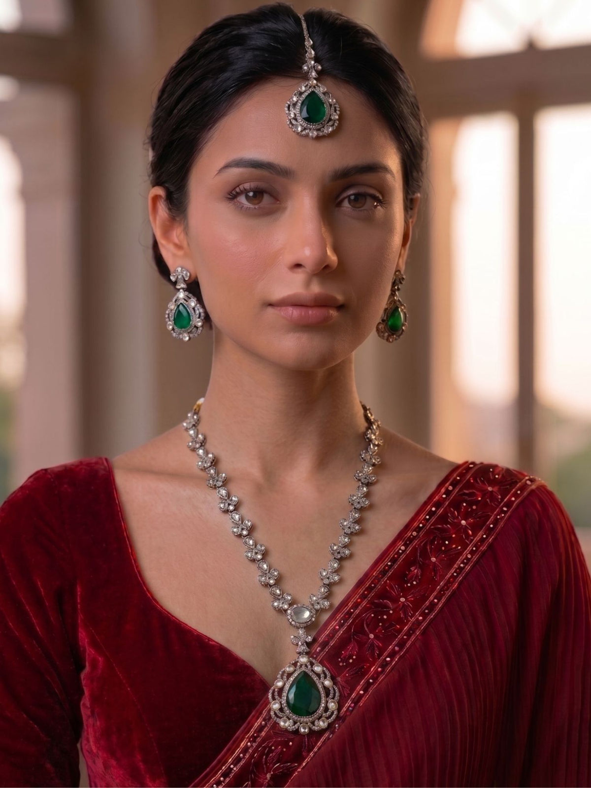 Gold Plated Floral Emerald CZ Necklace Set with Waterdrop Earrings And Maang Tikka