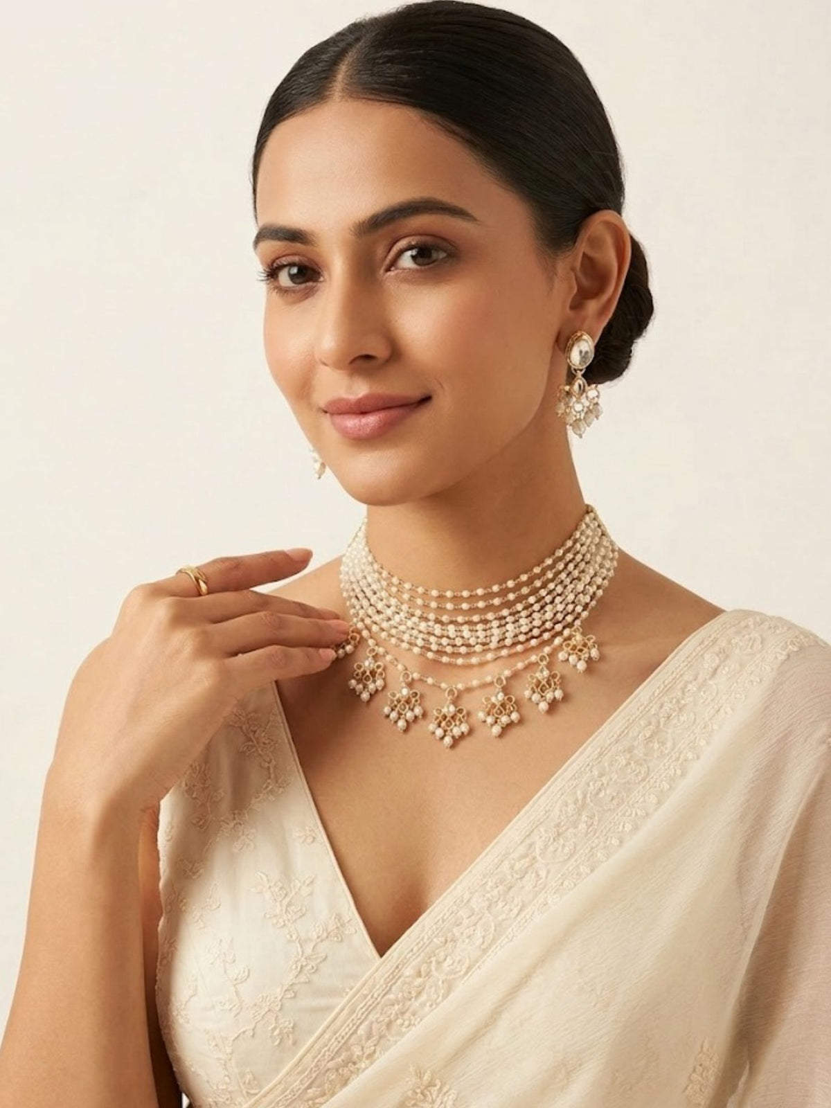 Matte Gold Multilayered Faux Pearl Multichain Necklace Set with Earrings