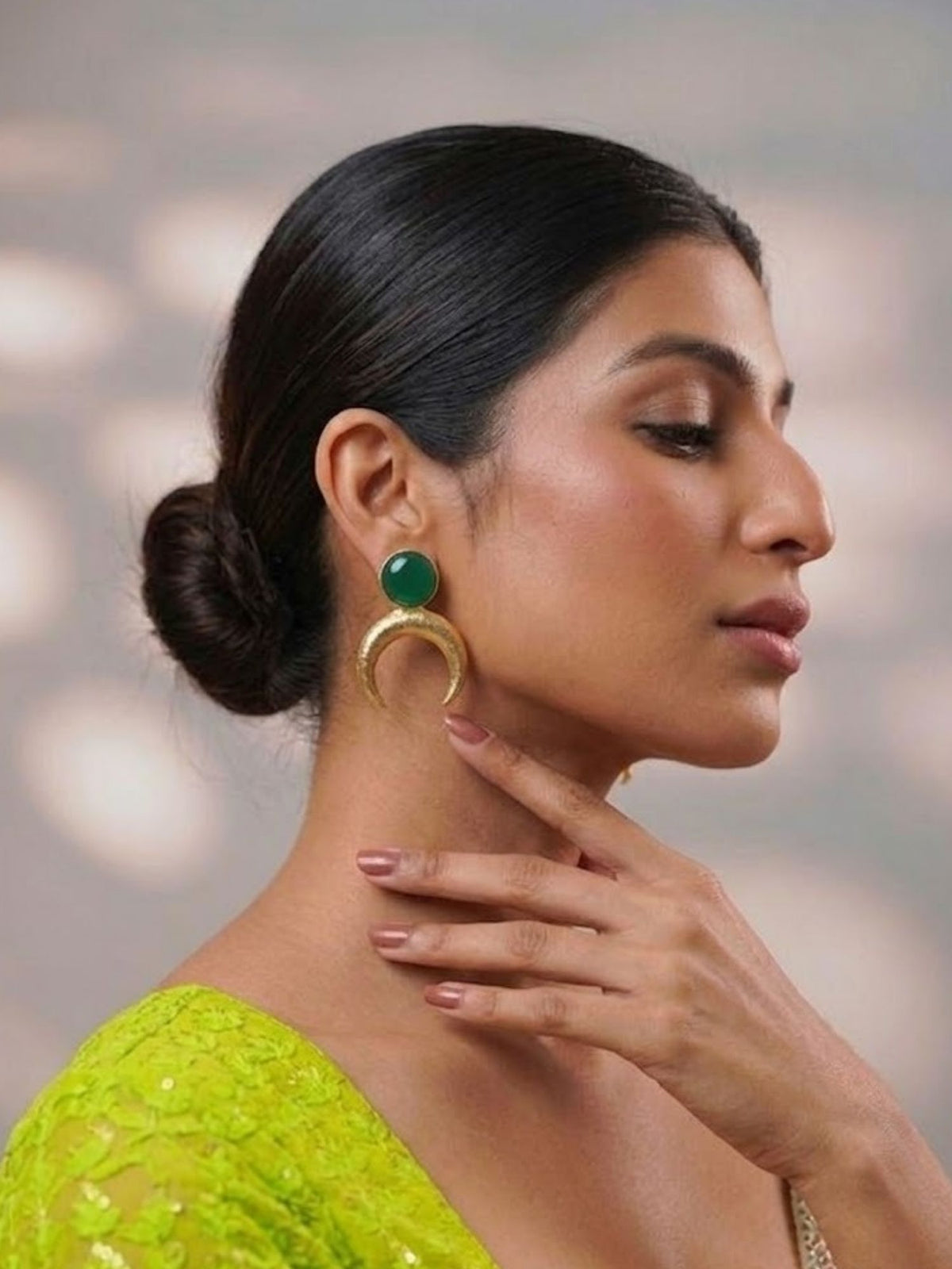 24K Gold Plated Crescent Green Stone Statement Earrings